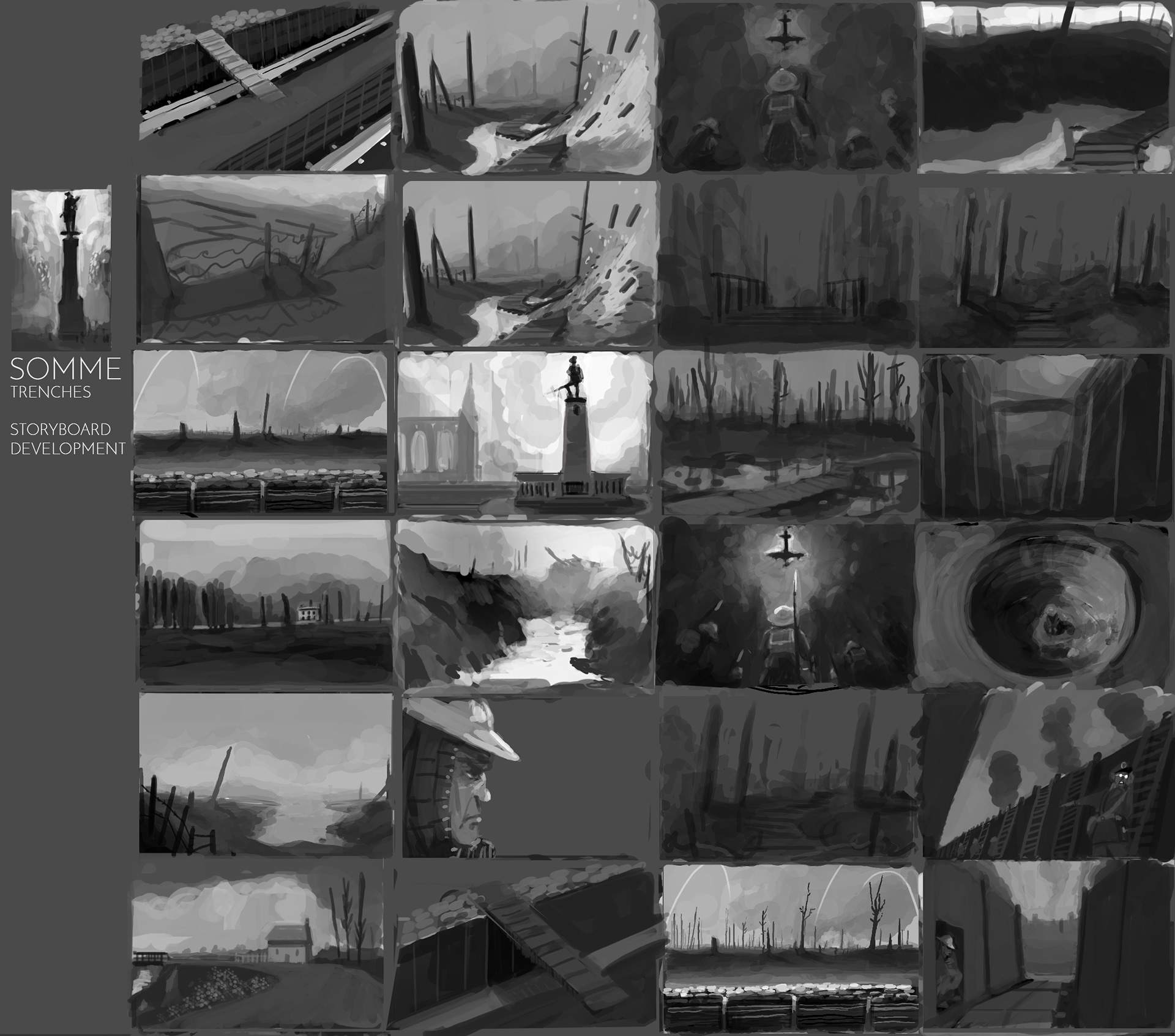 I was asked to help develop some storyboard panels for an animation shown at the Imperial War Museum, back in 2014. The animation focused on the 100th year anniversary of the battle of Somme