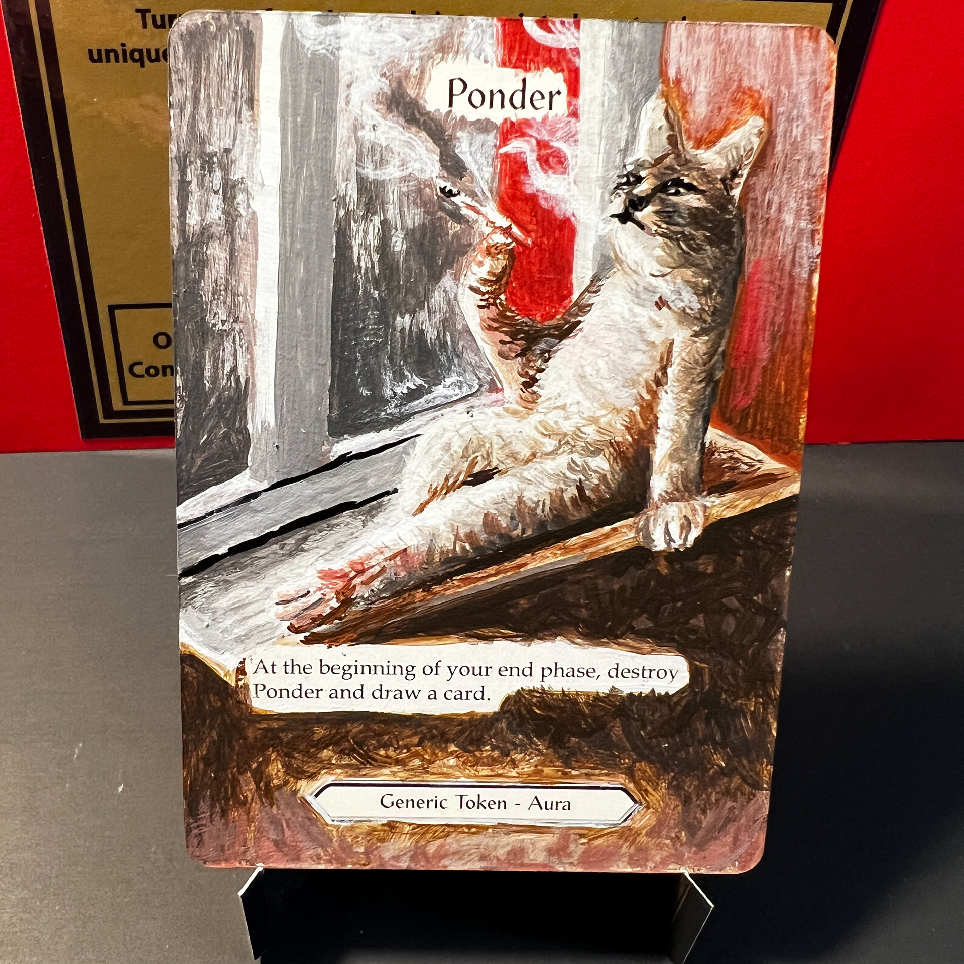 Custom Art Ponder Token - Cat smoking a cigarette on a ledge pondering.