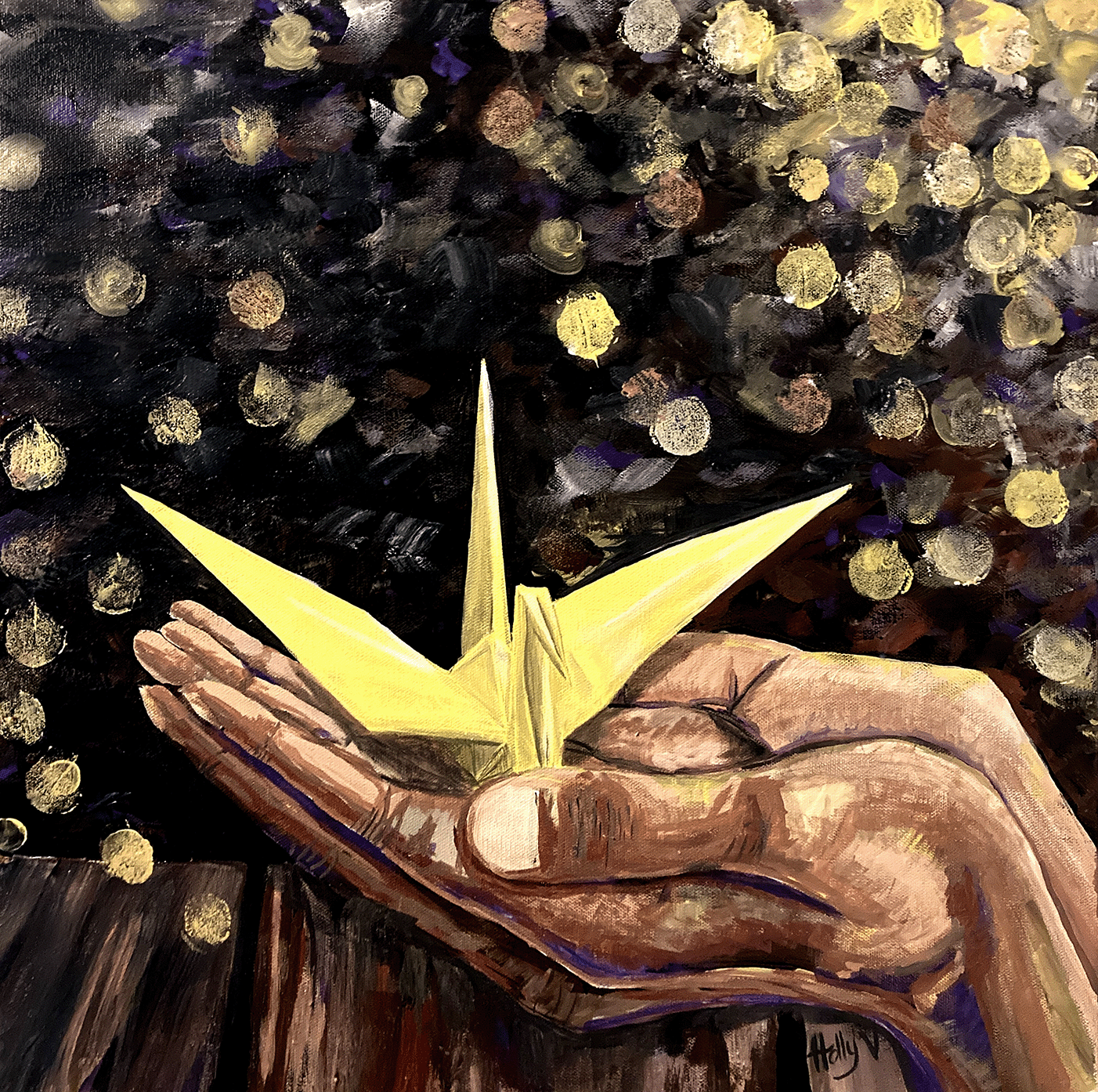 Origami Crane in Hands, Acrylic Painting