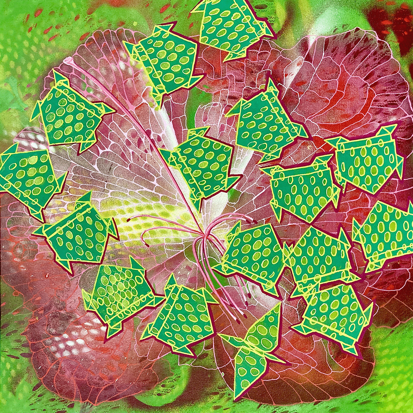 Origami Crane Blending In, Mixed Media Painting