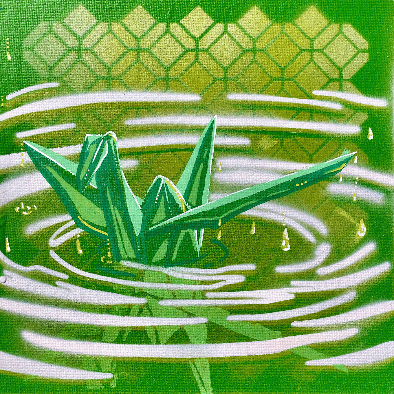 Origami Crane Green, Stencil Spray Painting
