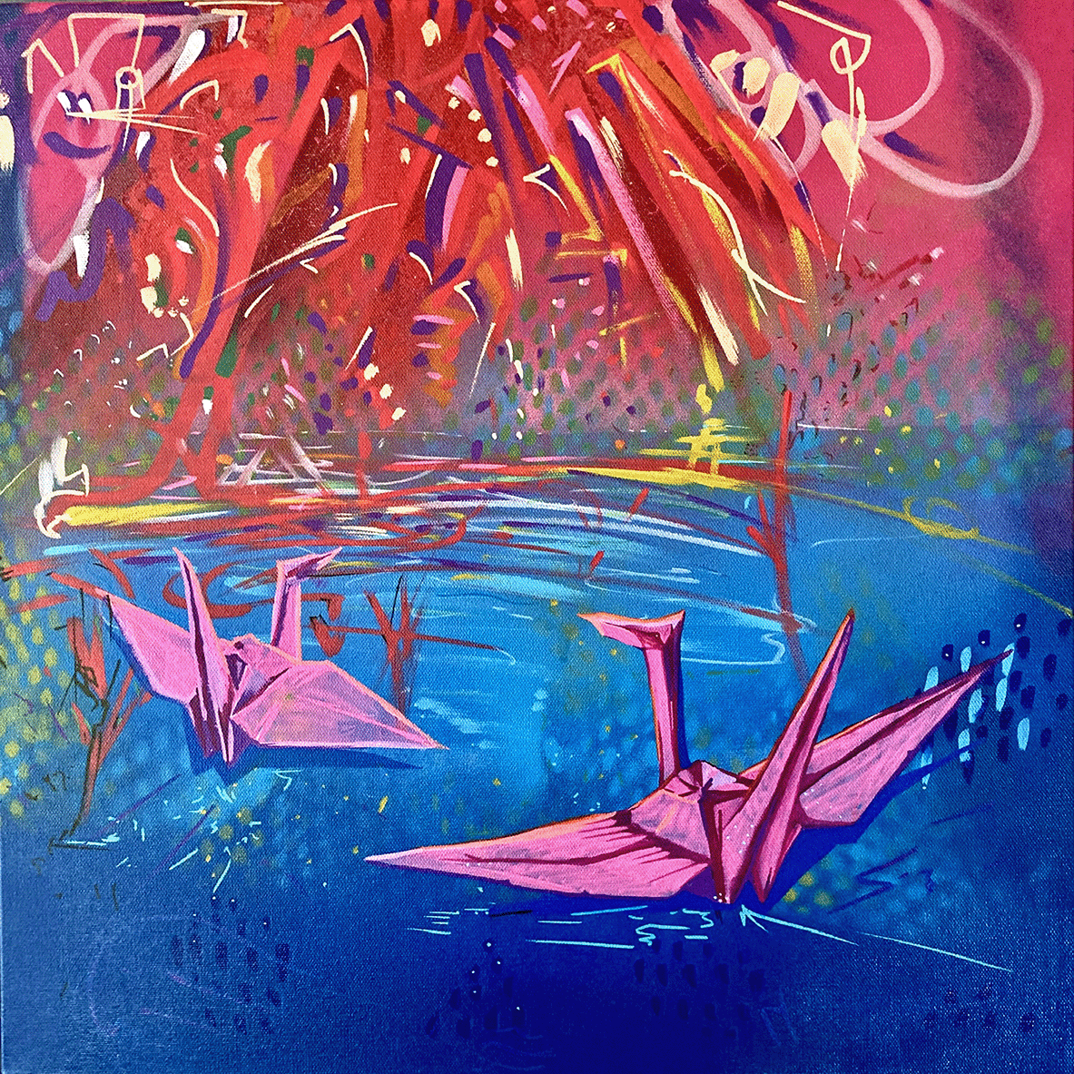 Origami Crane Volcanic Love, Mixed Media Painting