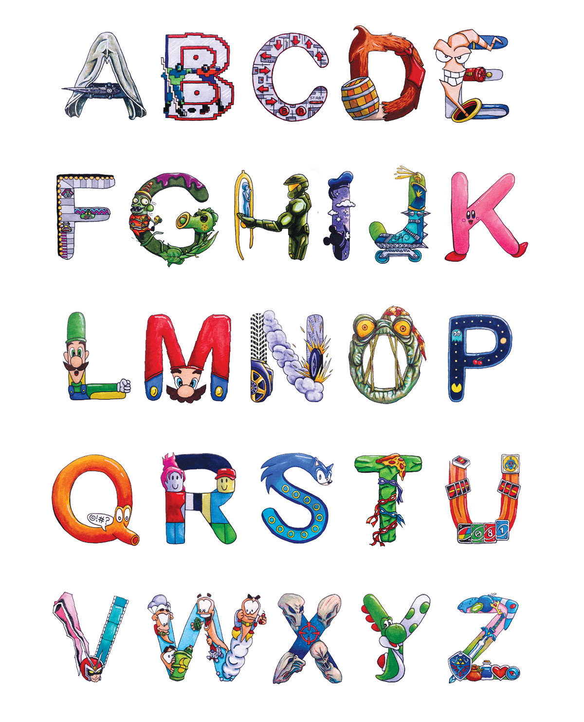Game On A-Z, Mixed Media Pen & Ink