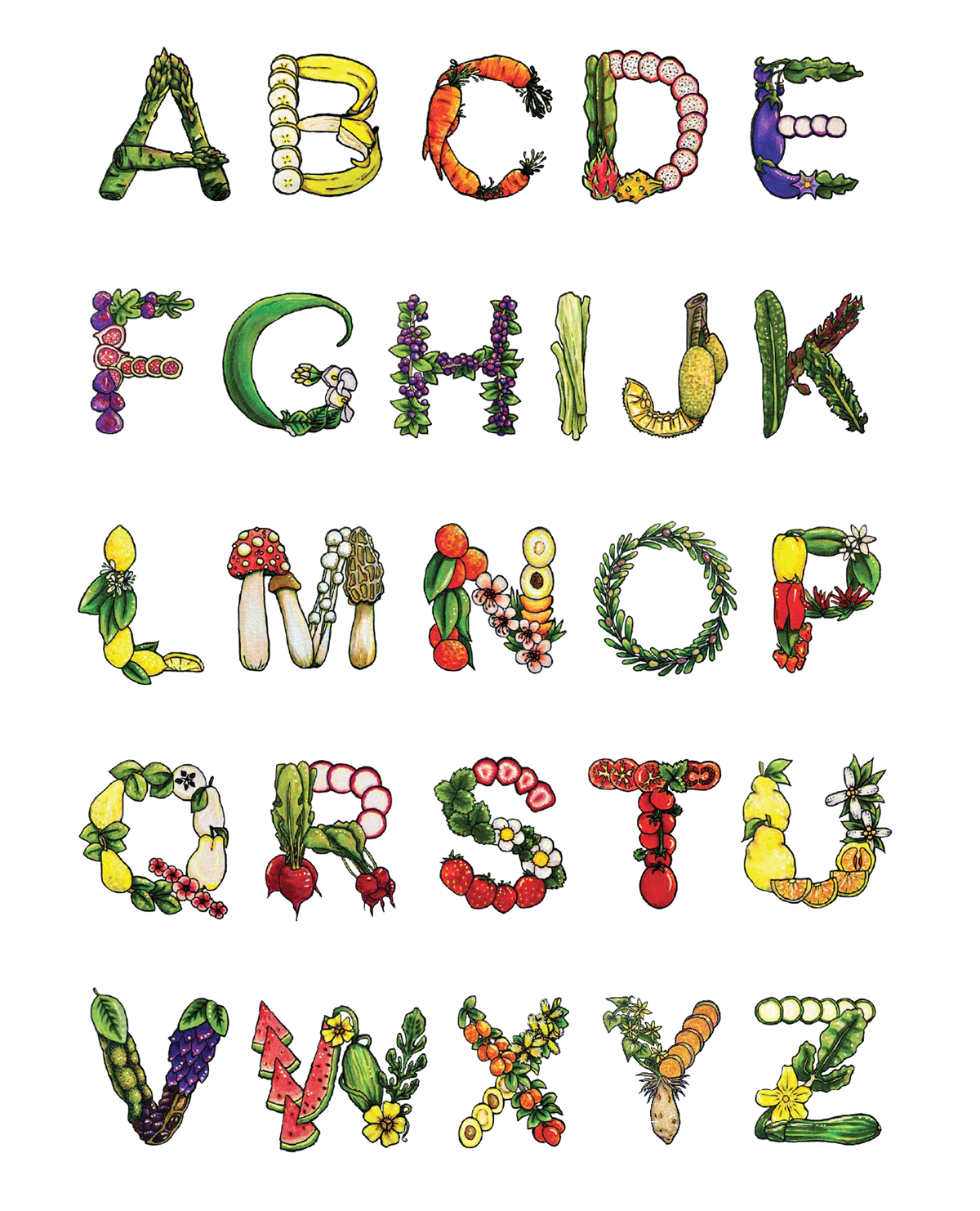 Fruits & Veggies A-Z, Mixed Media Pen & Ink