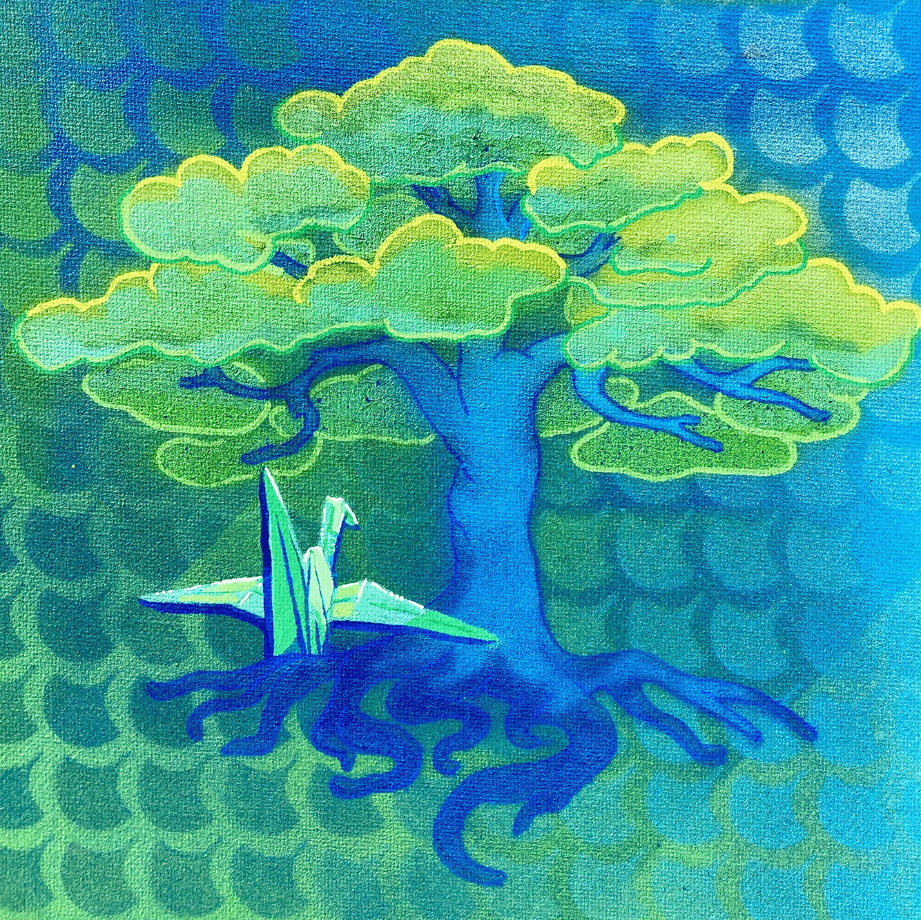 Origami Crane Blue Green, Stencil Spray Painting