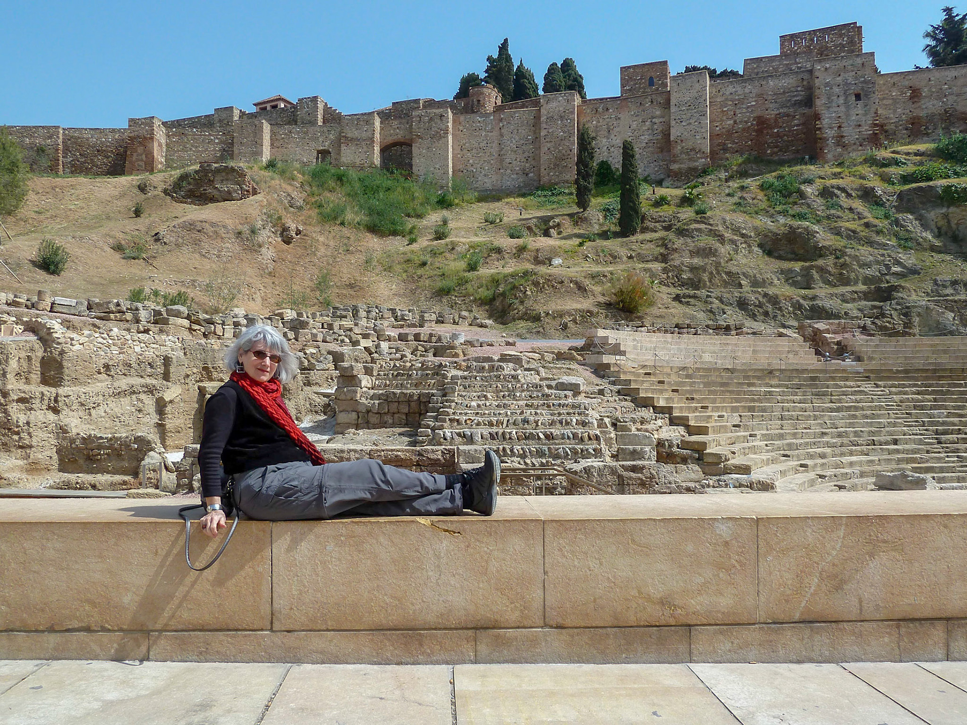 Linny in front of the dig and castle.