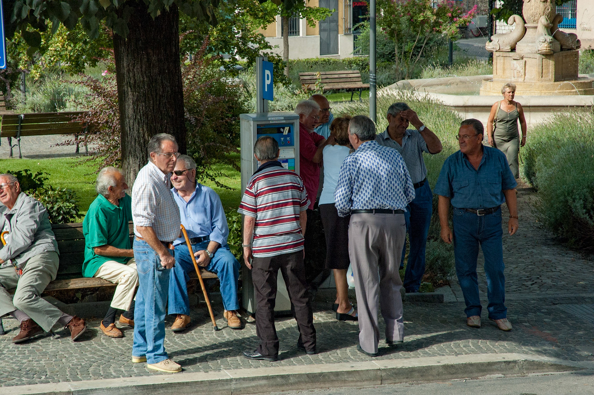 The old men gather in the park.
