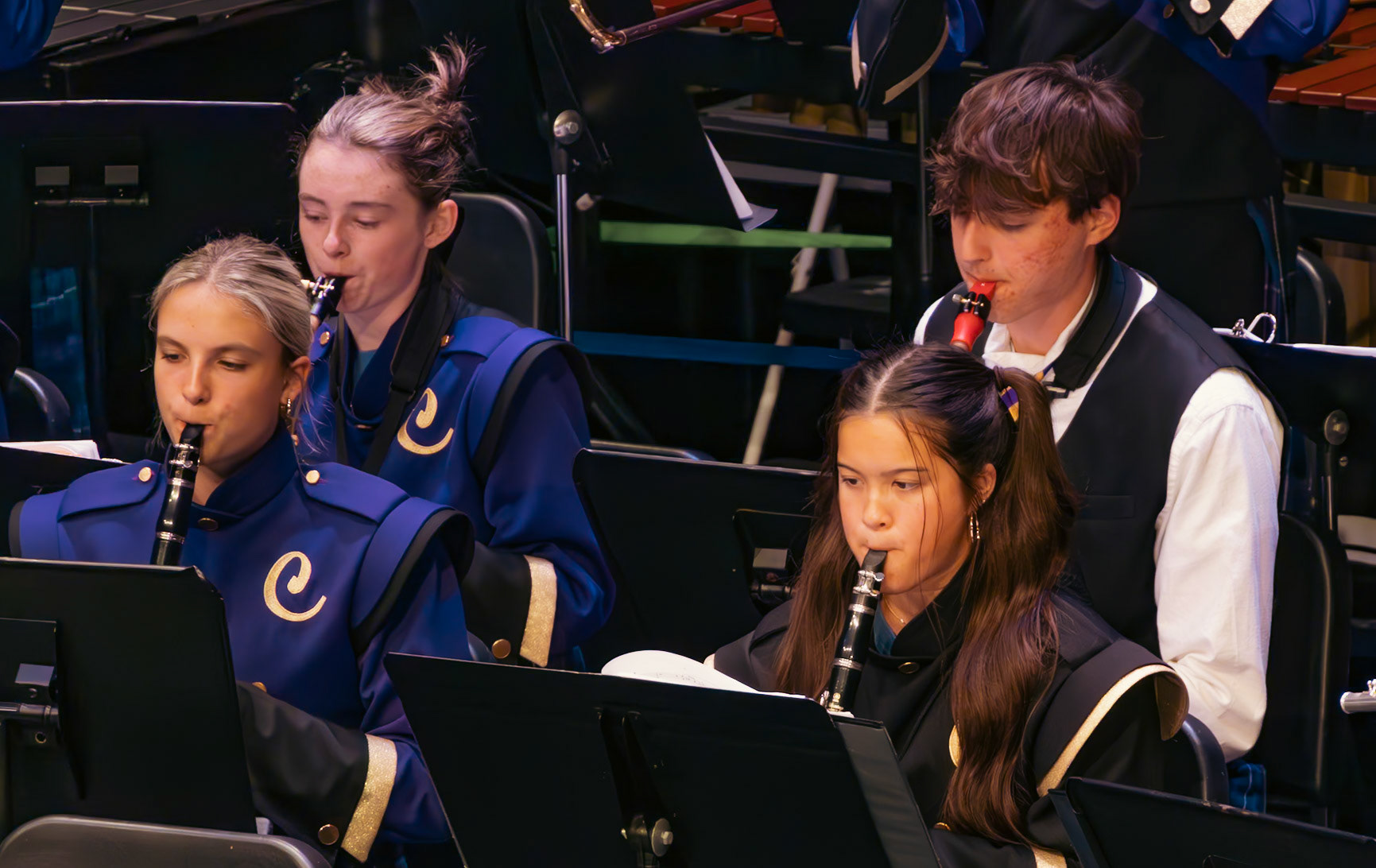 Seniors Brooke Bender, Audrey Duong, Emma Horton, and Gavin Senneker perform with poise and precision. (Photo by Molly Larson)