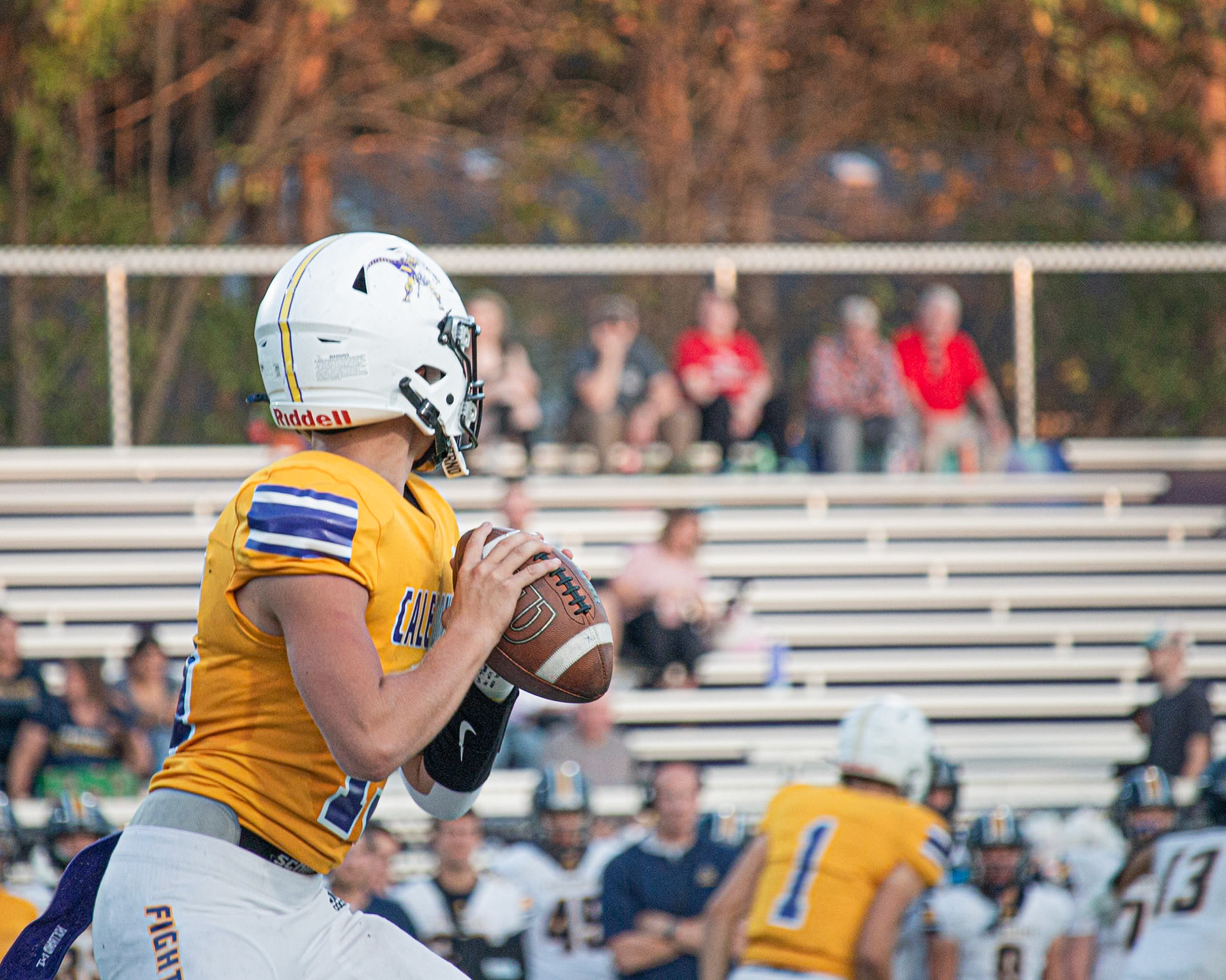 Quarterback Andrew Hannah drops back for Caledonia, scanning the field for his receiver, Aaron Collins, during a crucial play. (Photo by Egan Otto)