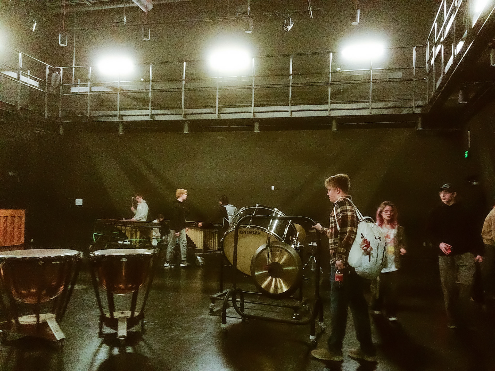 The Caledonia Band's percussion section sets up in the Black Box Theatre for their rehersal. (Photo by Lucas Swartz)