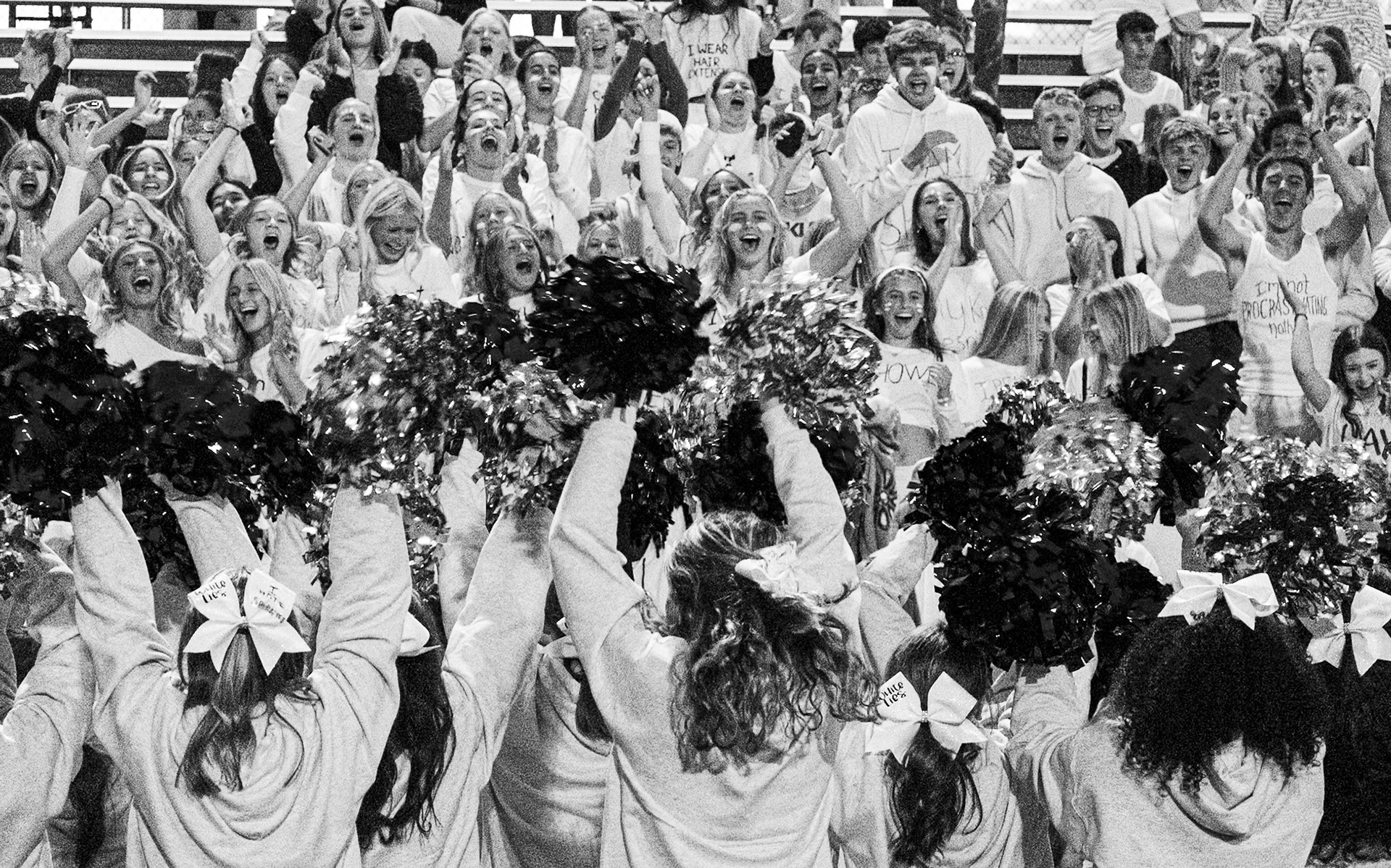 SOPHOMORE SURBE  During the White Lies game, fans scream their loudest after cheerleaders yell, "Sophomores, sophomores don't be shy, stand up now let's hear your cry!" (Photo by Avarey Lippert)