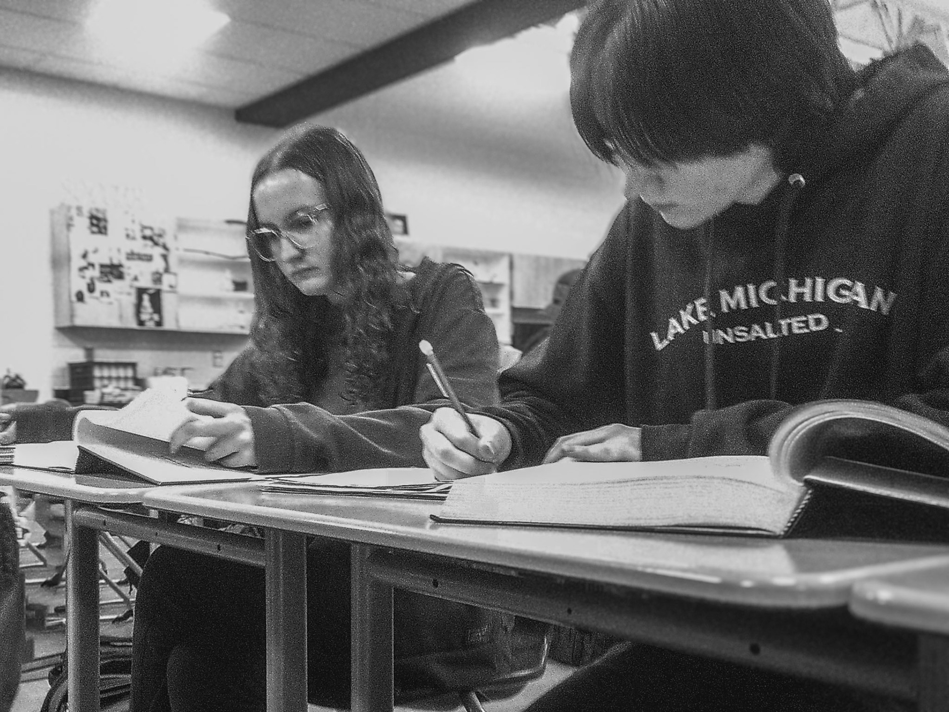 Following a hair analysis lab in Forensic Science, Sarah Berger and Arbor Kent move on to Chapter 4 bookwork.