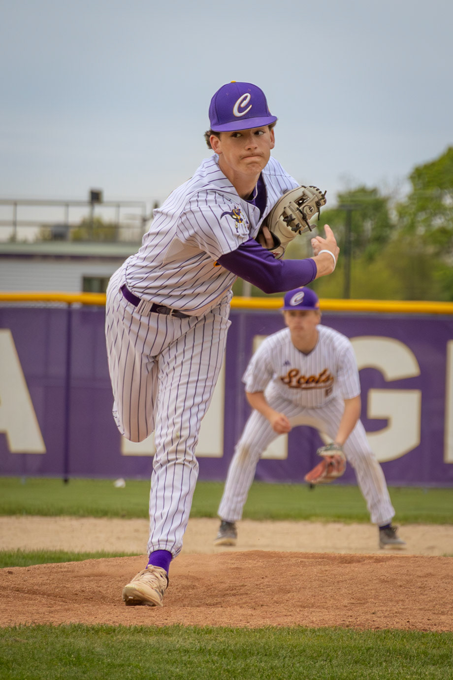Gabe Trudeau follows through on his pitch in the Scots’ victory. (Photo by Vivian Hoffman)