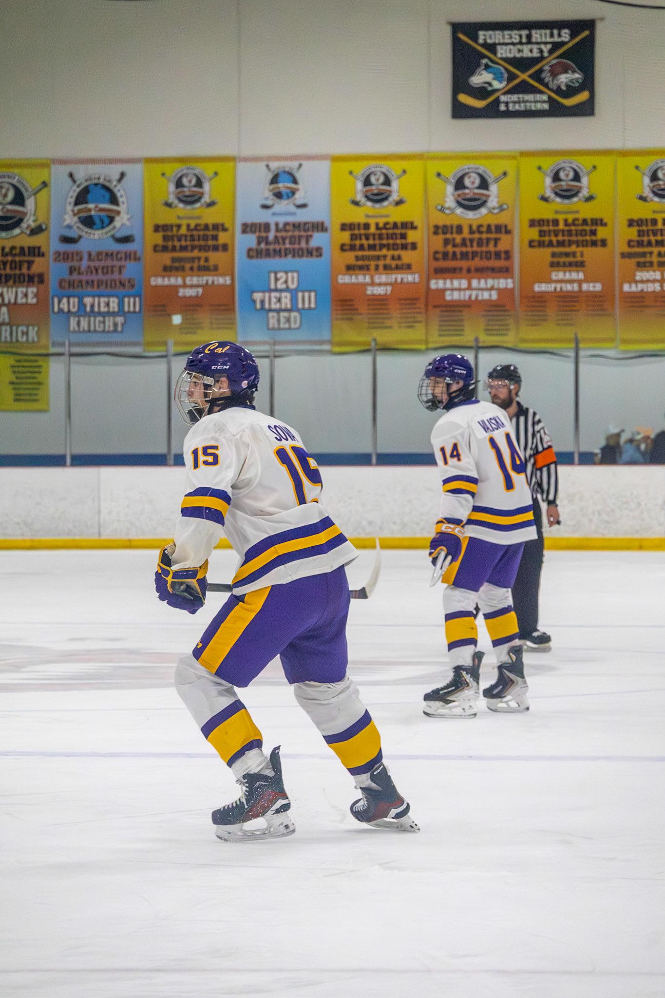 Ethan Sova and Zach Valiska keep their eyes on the puck, waiting for the next opportunity to join the play. (Photo by Avarey Lippert)