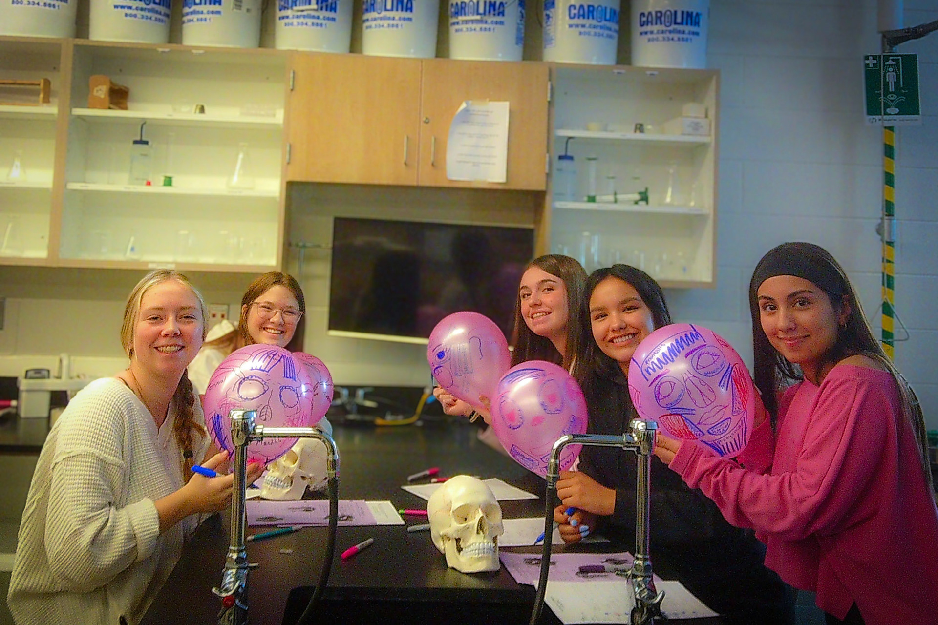 Students practice their anatomy knowledge by visualizing facial muscles with balloon-based modeling. (Photo by Avarey Lippert)