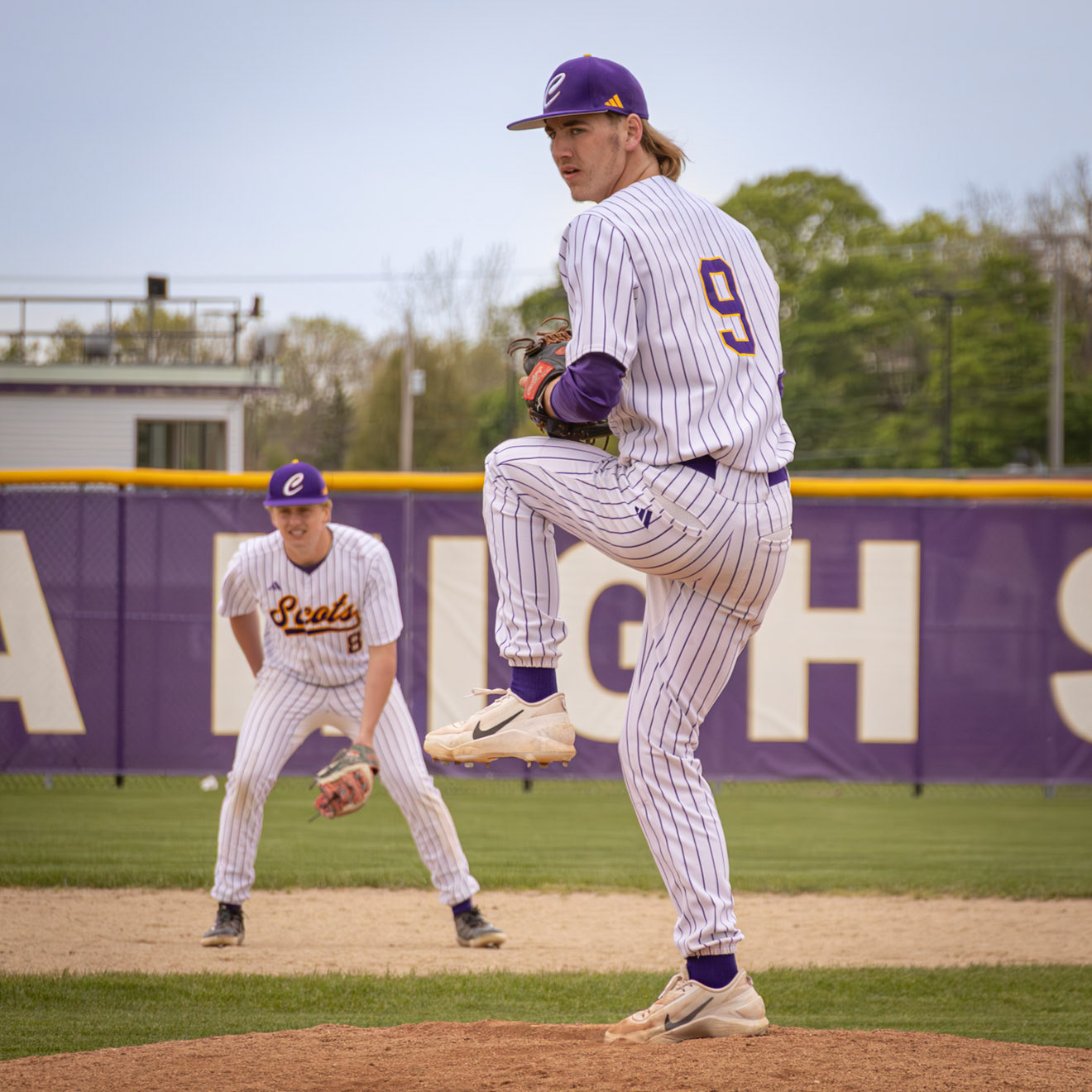 Alex Spinney works from the mound during the scots home matchup against Muskegon. (Photo By Vivian Hoffman)