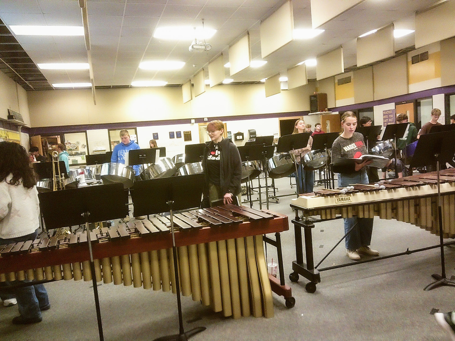 Strike Percussion Ensemble sets up for their next song. (Photo by Lucas Swartz)