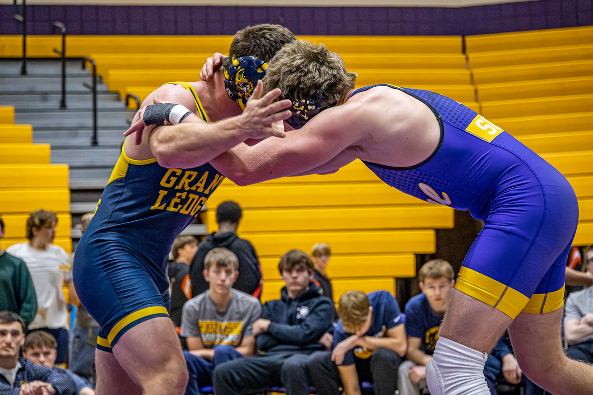 Caledonia's 175# wrestler Cayden Nostrant fights for the win, overpowering his opponent. (Photo by Egan Otto)