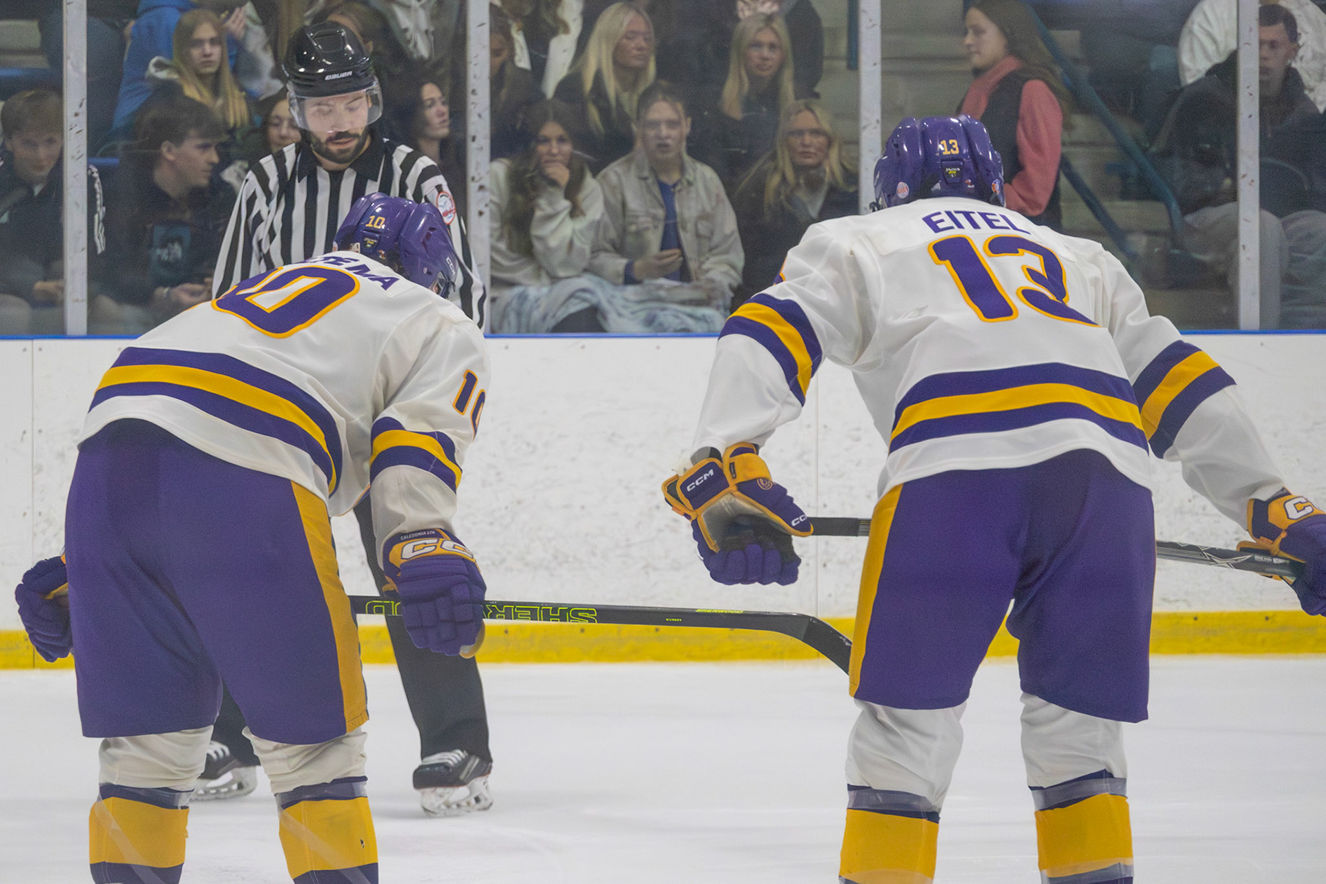 Rylan Bultema and Nick Eitel wait for the puck to drop. (Photo by Aaron Pyper)