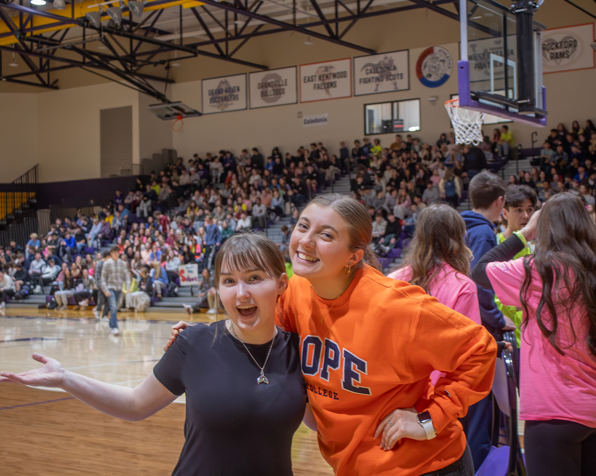 MAKING IT HAPPEN After helping plan the pep assembly as part of Student Council, Landry Hammond and Gabrielle Linker pose for a photo. (Photo by Abby Skibinski)