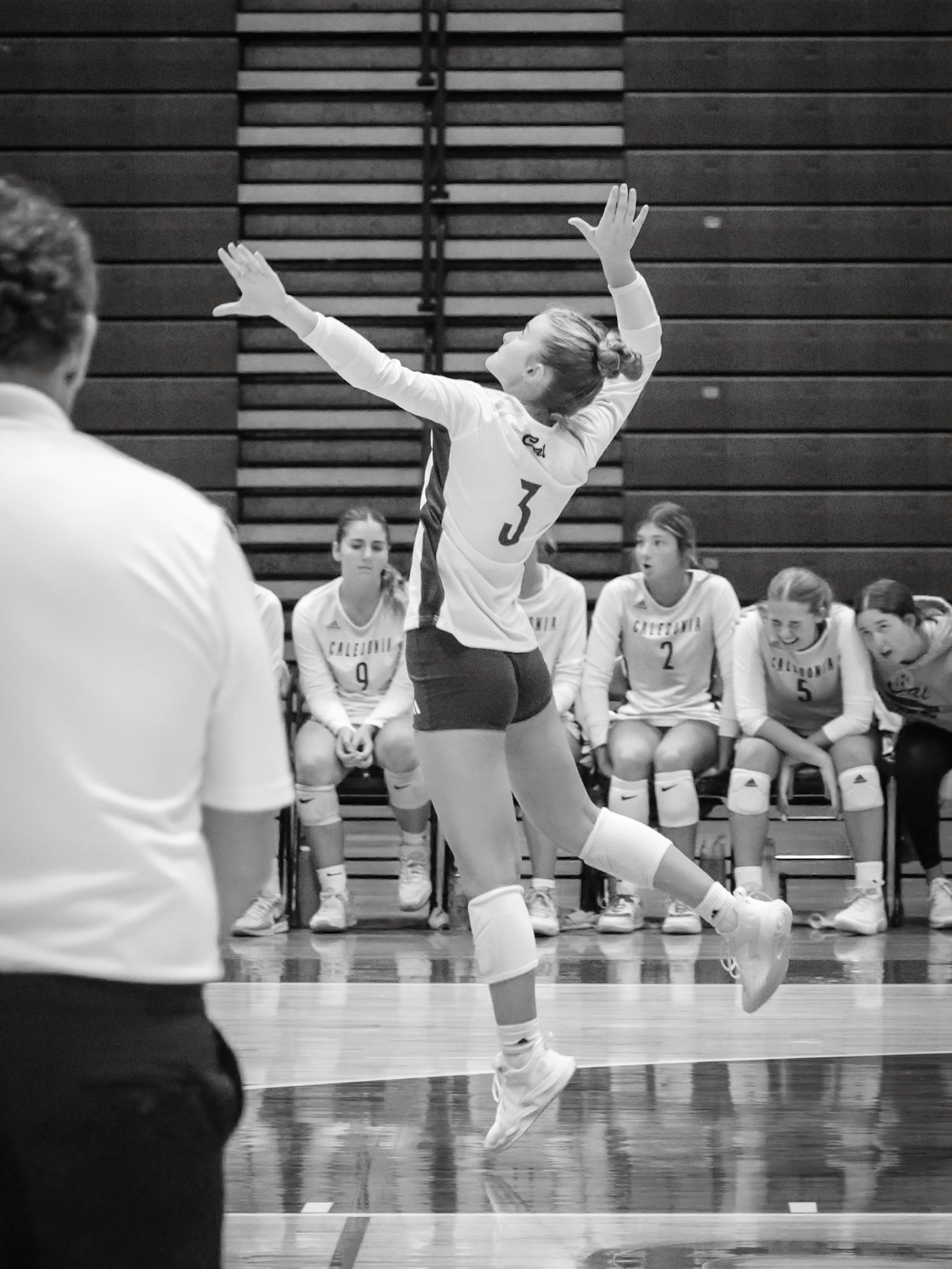 Junior Kayleigh Miersen serves in a close set against the Byron Center Bulldogs. (Photo by Tana Coates)