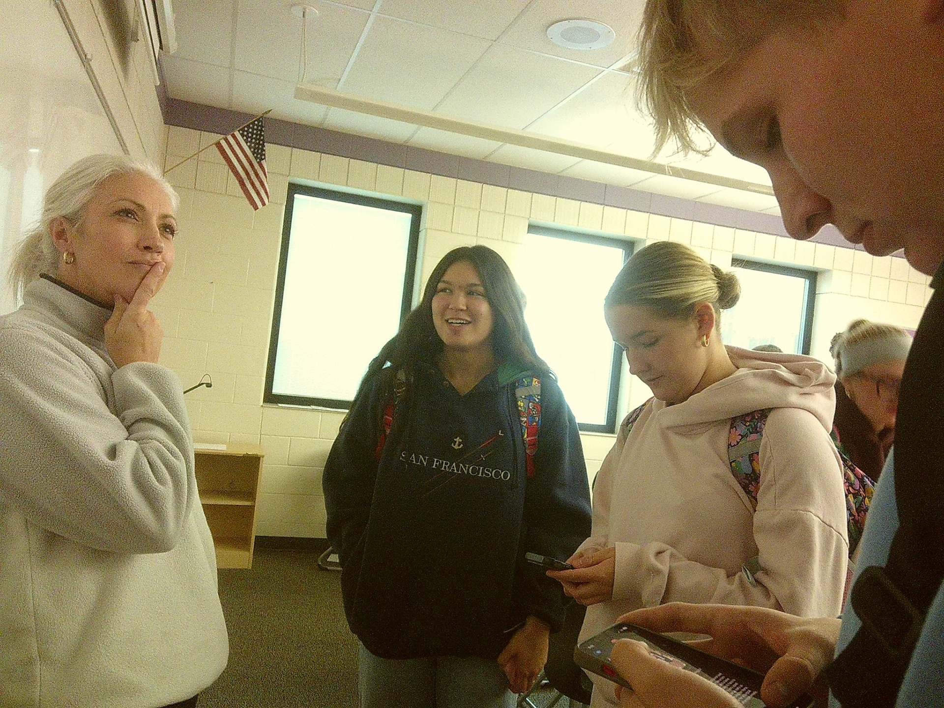 After Statistics with Ms.Wagner seniors Ellie Tennant, Kortney Muller, and Jameson Palmer are talking about their weekend plans. (Photo by Tana Coates)
