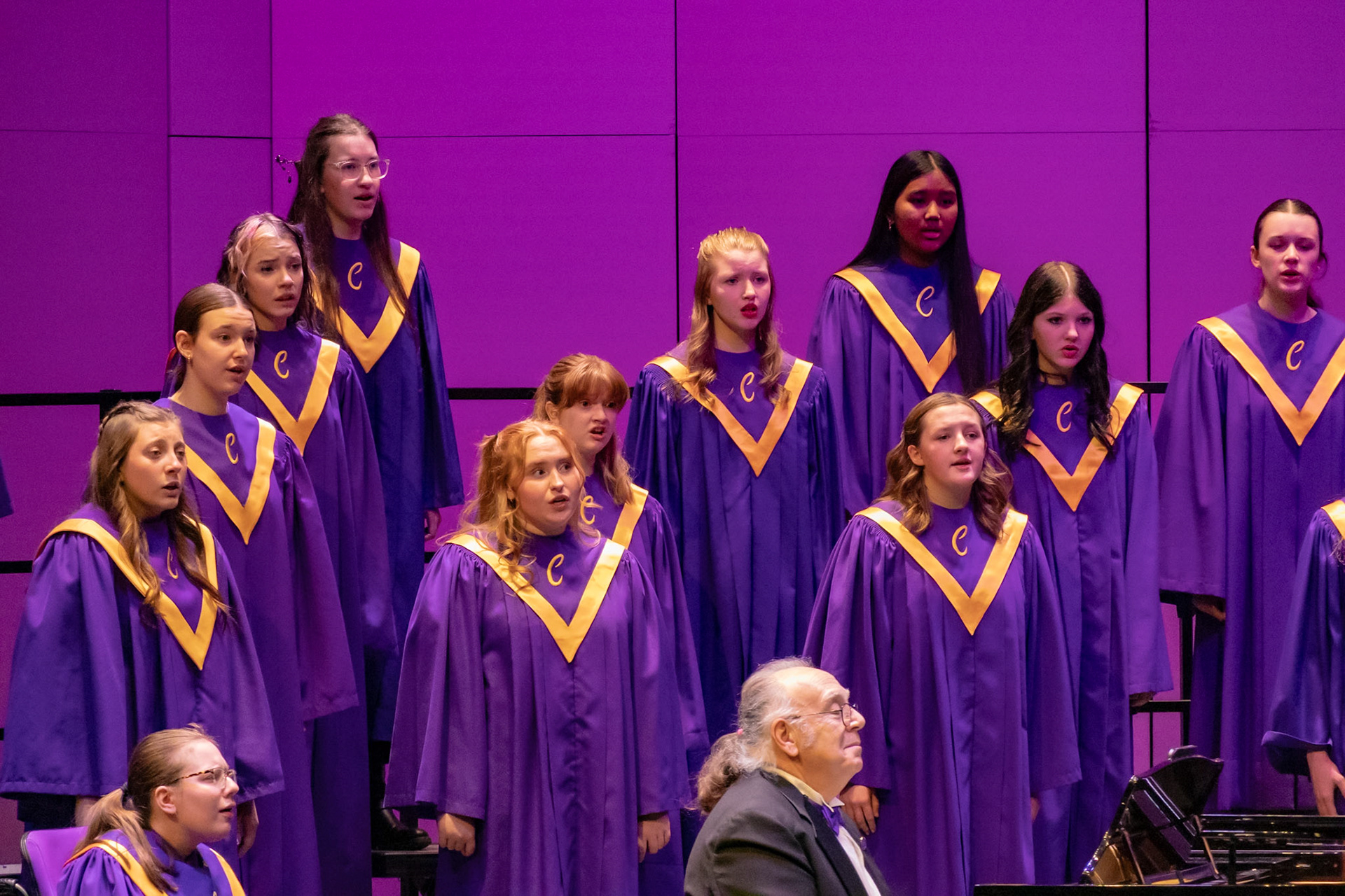 Junior Claire James and Senior Katelyn Jaquish sing solemnly for the 2026 Winter Treble-Choir Concert.  (Photo by Lucas Swartz)
