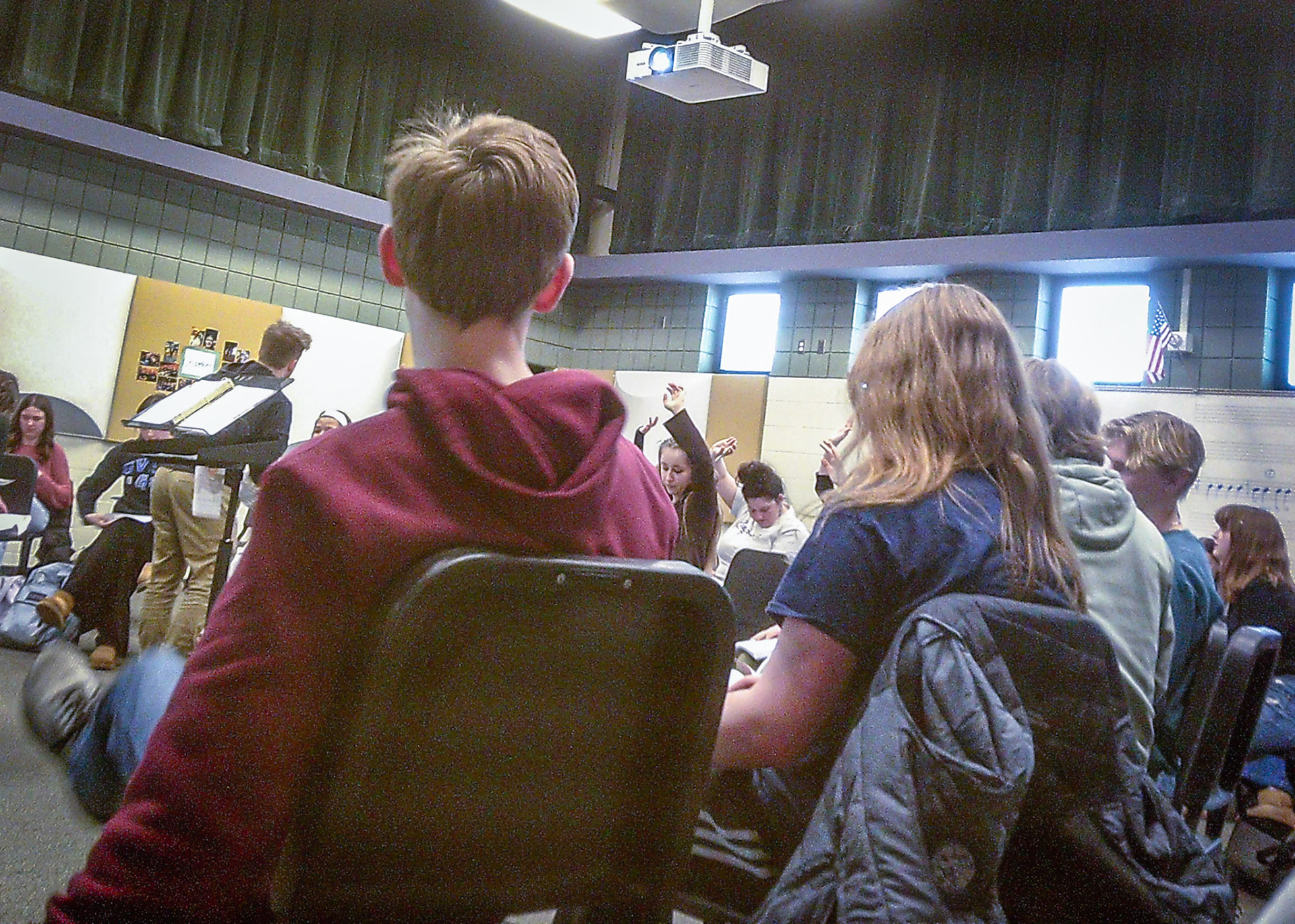 The full ensemble practices their music for Willy Wonka, the Musical. (Photo by Lucas Swartz)
