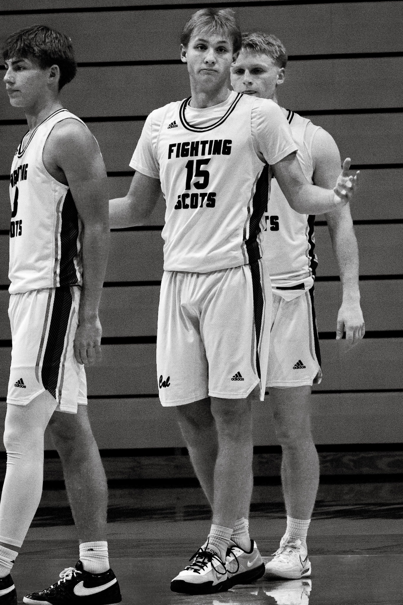 Bryce raises his hands after a foul he received, unsure what he did wrong, but keeps it light with a calm reaction. (Photo by Jeremiah Pittman)