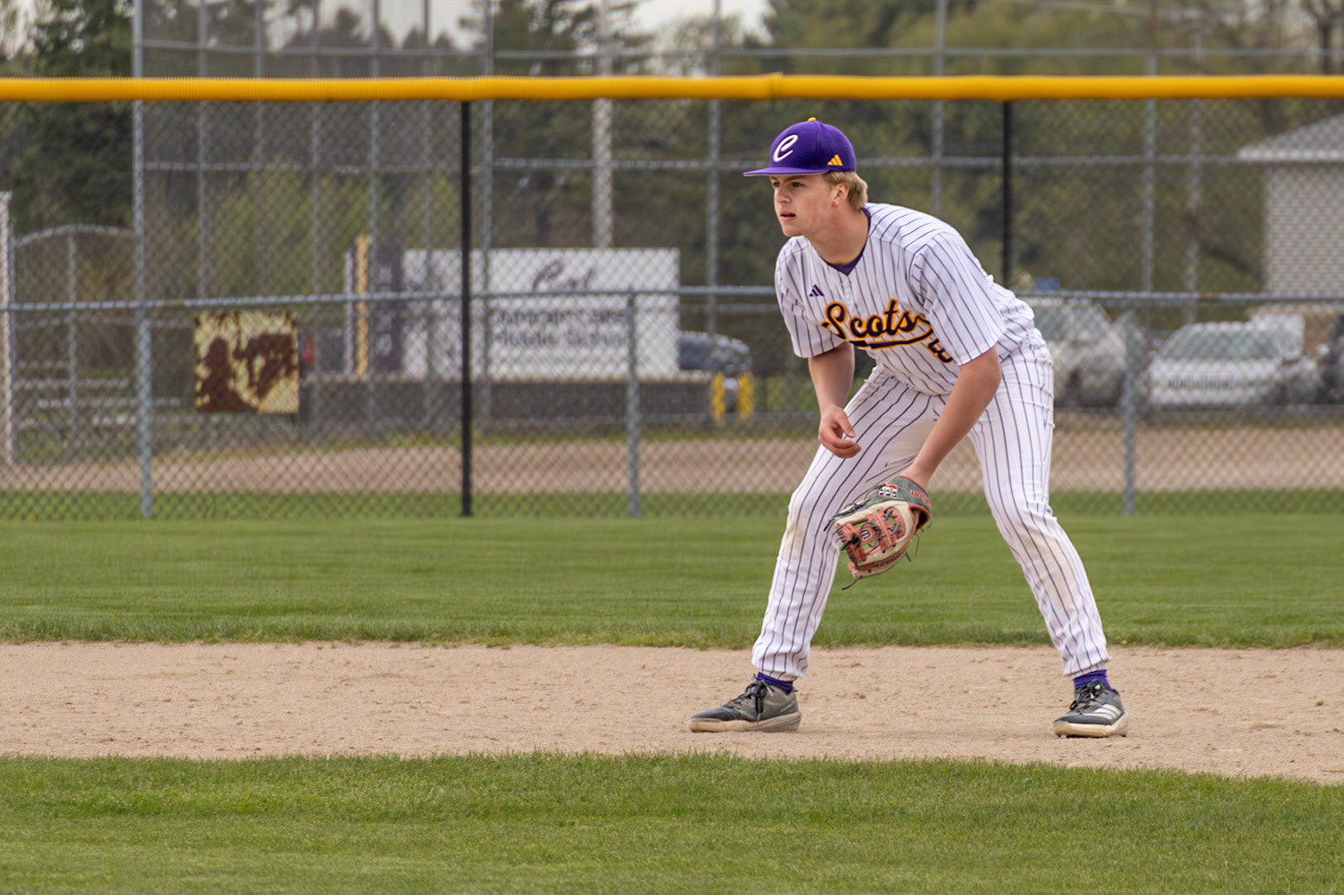 Bryce Freese sets up in the infield as the Scots prepare for the next pitch. (Photo by Vivian Hoffman)