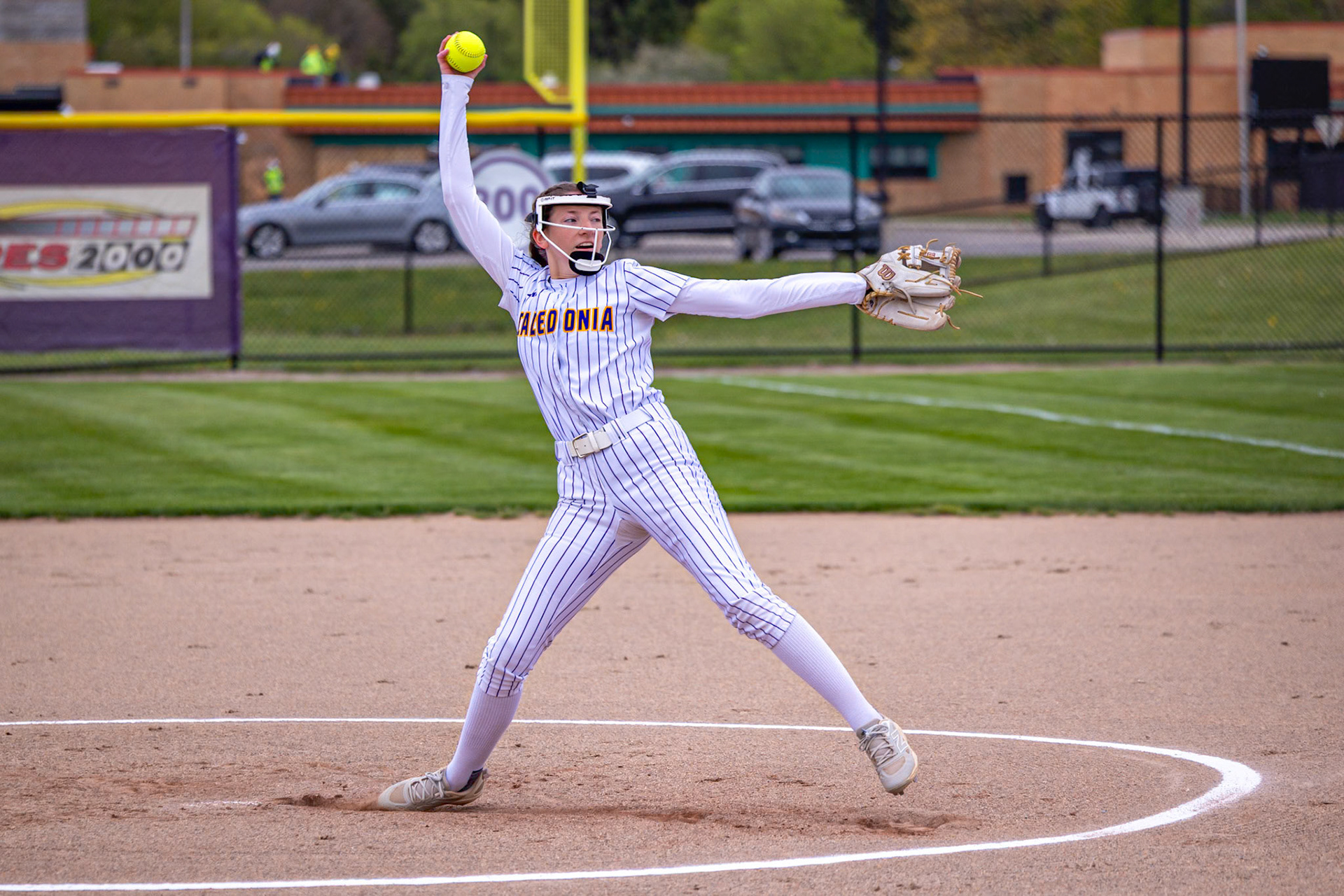 Addyson Olin winds up and delivers for the Scots during a strong performance for the Scots. (Photo by Landry Mueller)