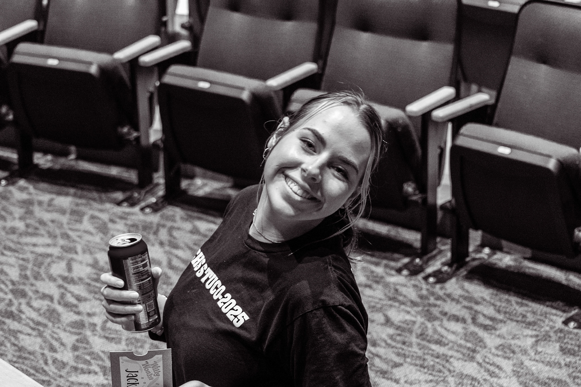 Larissa Dudicz, caffeinated and ready to go before opening night of Willy Wonka. (Photo by Deegan Pecha-Gnat)