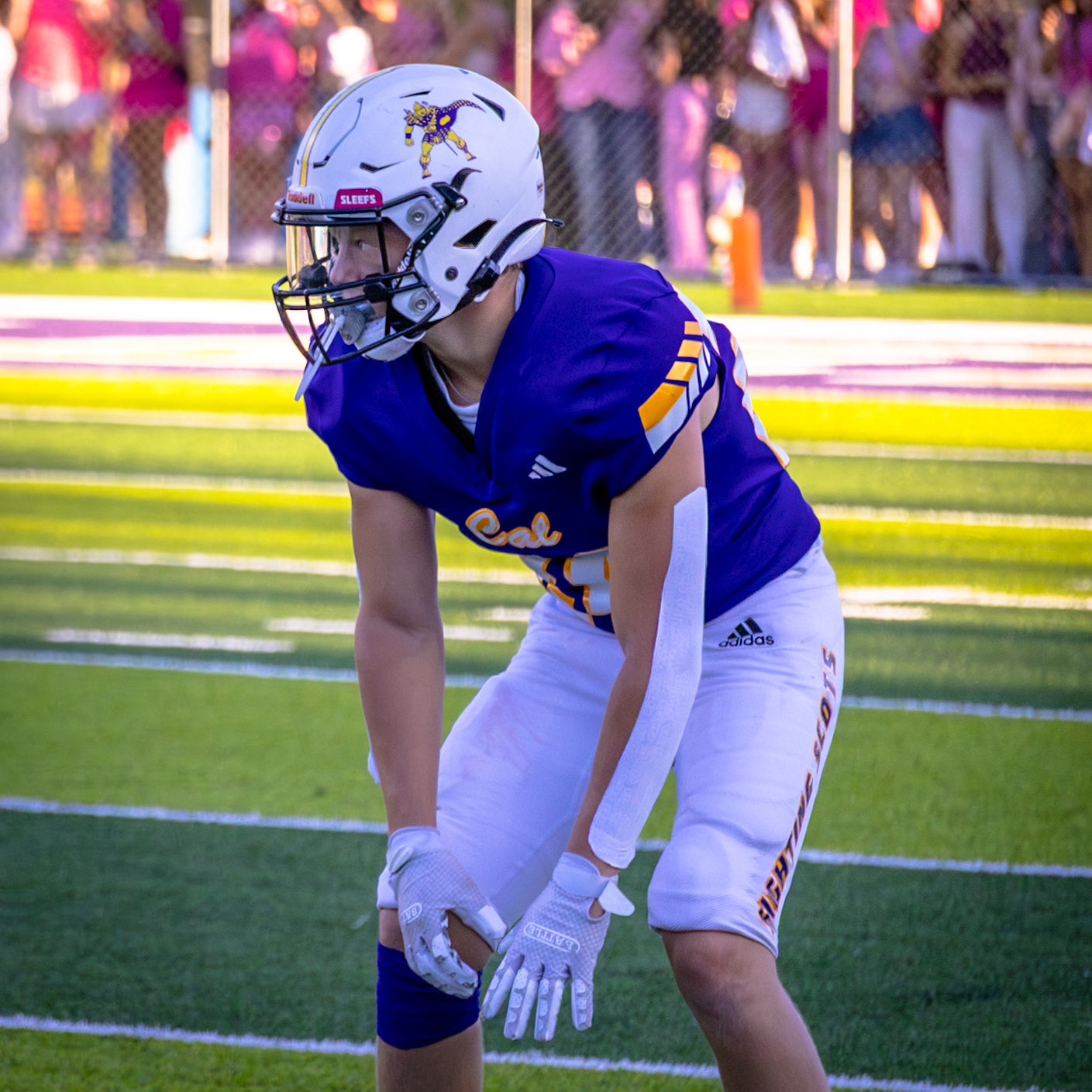 Cal defender Carter Berends settles in before the snap, ready to make a play at the line of scrimmage.(Photo by Egan Otto)