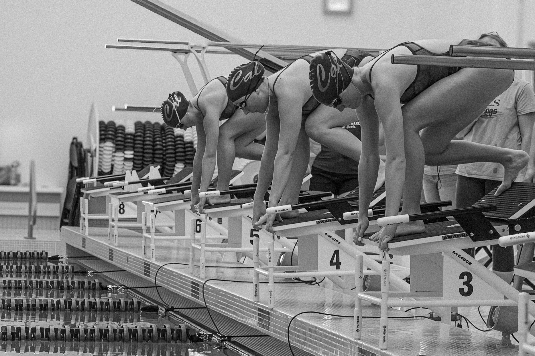Getting ready for the 200 free, Lyla Keller and Elizabeth Grey focus in as they wait for the starting signal. (Photo by Abby Skibinski)