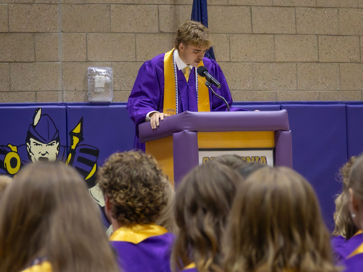 DJ Robinson addressing the school one final time as class representative. (Photo by Abigail Douglass)
