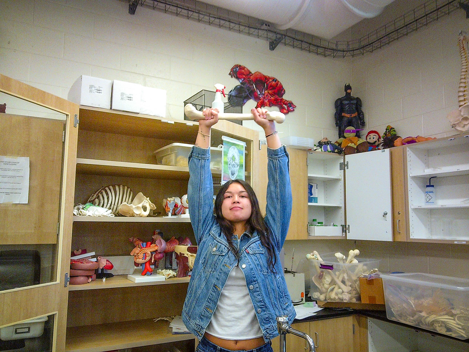 While the rest of the class is observing bony features, Ellie Tennant takes a Femur and yells, "I love bones!" (Photo by Avarey Lippert)