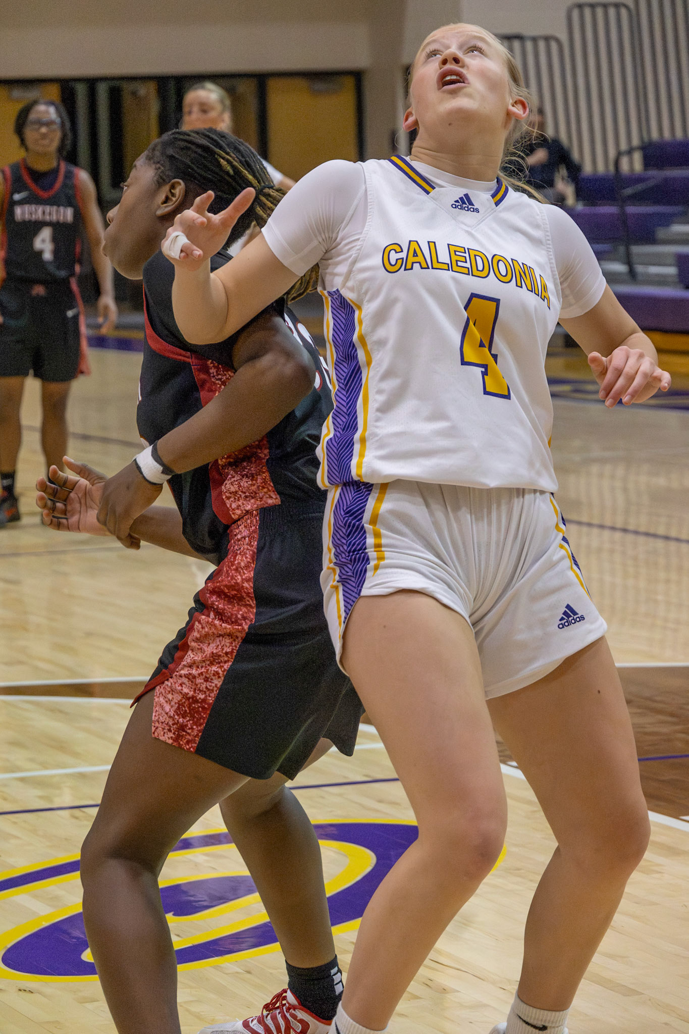 BOX OUT Myla Gortmaker positions herself against a Muskegon defender while tracking the rebound in varsity action. (Photo by Taya Penoes)