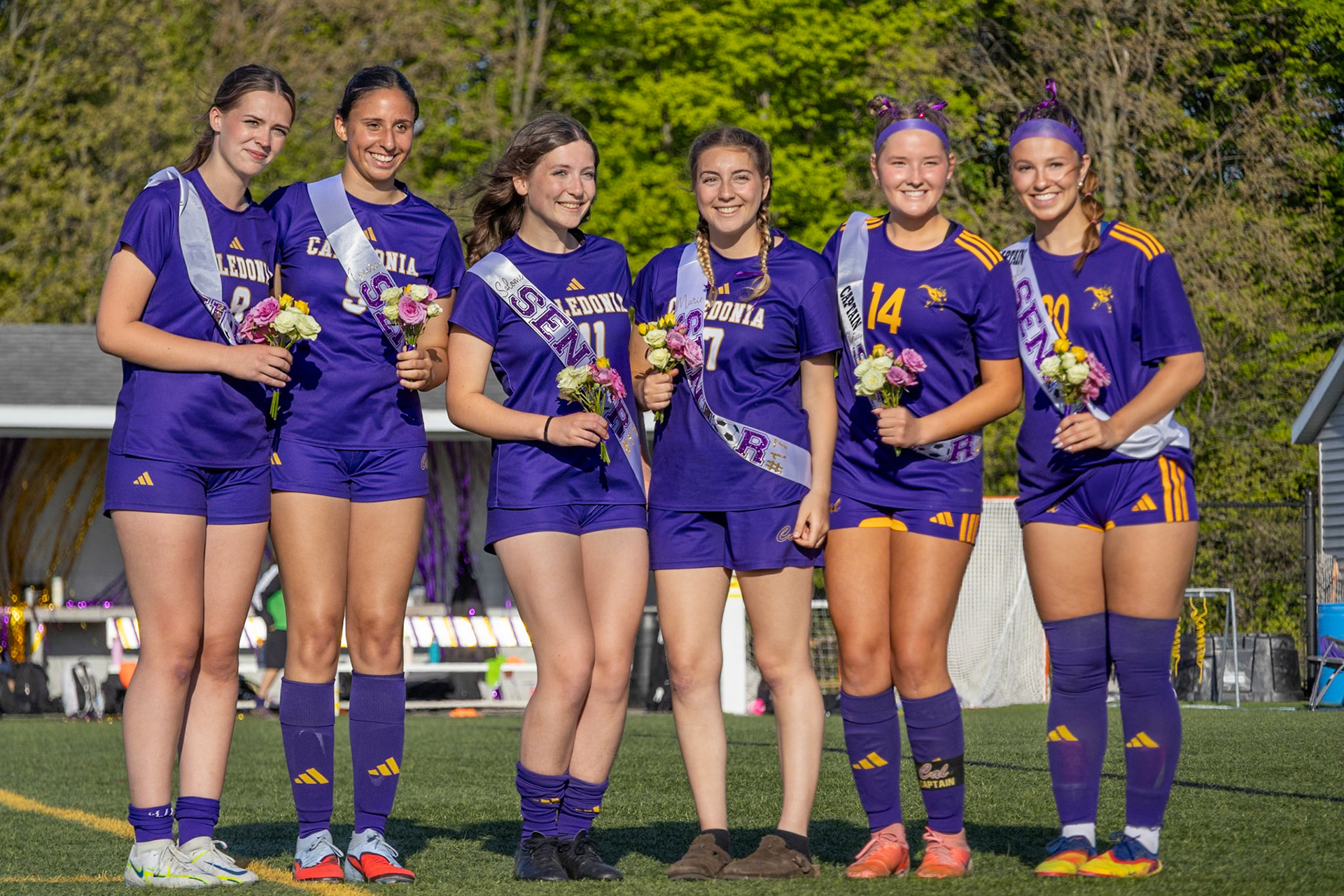 Baylee DeVries, Kortney Muller, Laura Harder, Leonie Floetotto, Marie Bozso, and Salome Rouhier celebrate the class of 2026 on Senior Night. (Photo by Ava LaBine)