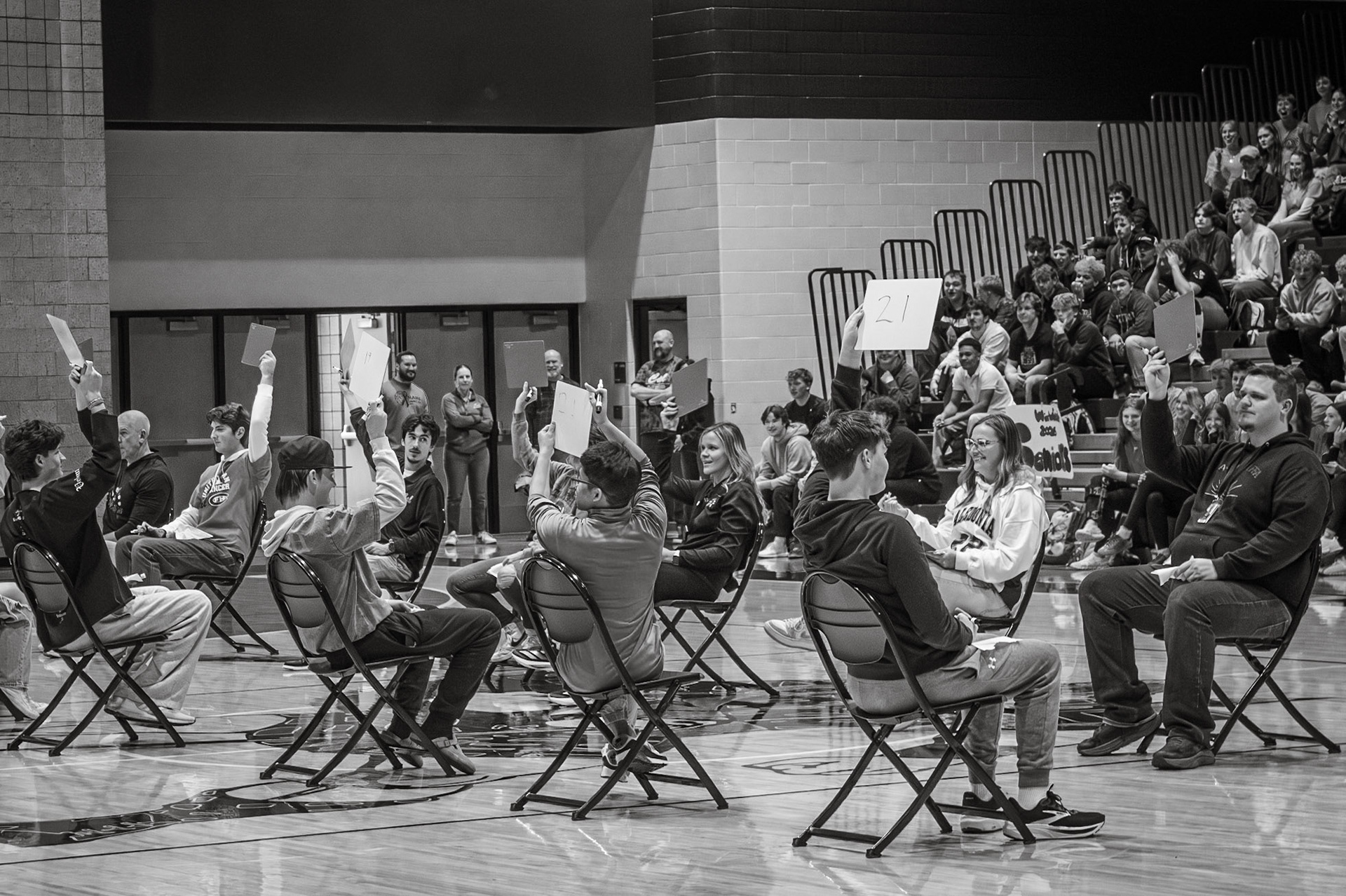 THINK FAST Students and teachers compete in a trivia game, answering questions for points as students take the victory. (Photo by Abby Skibinski)