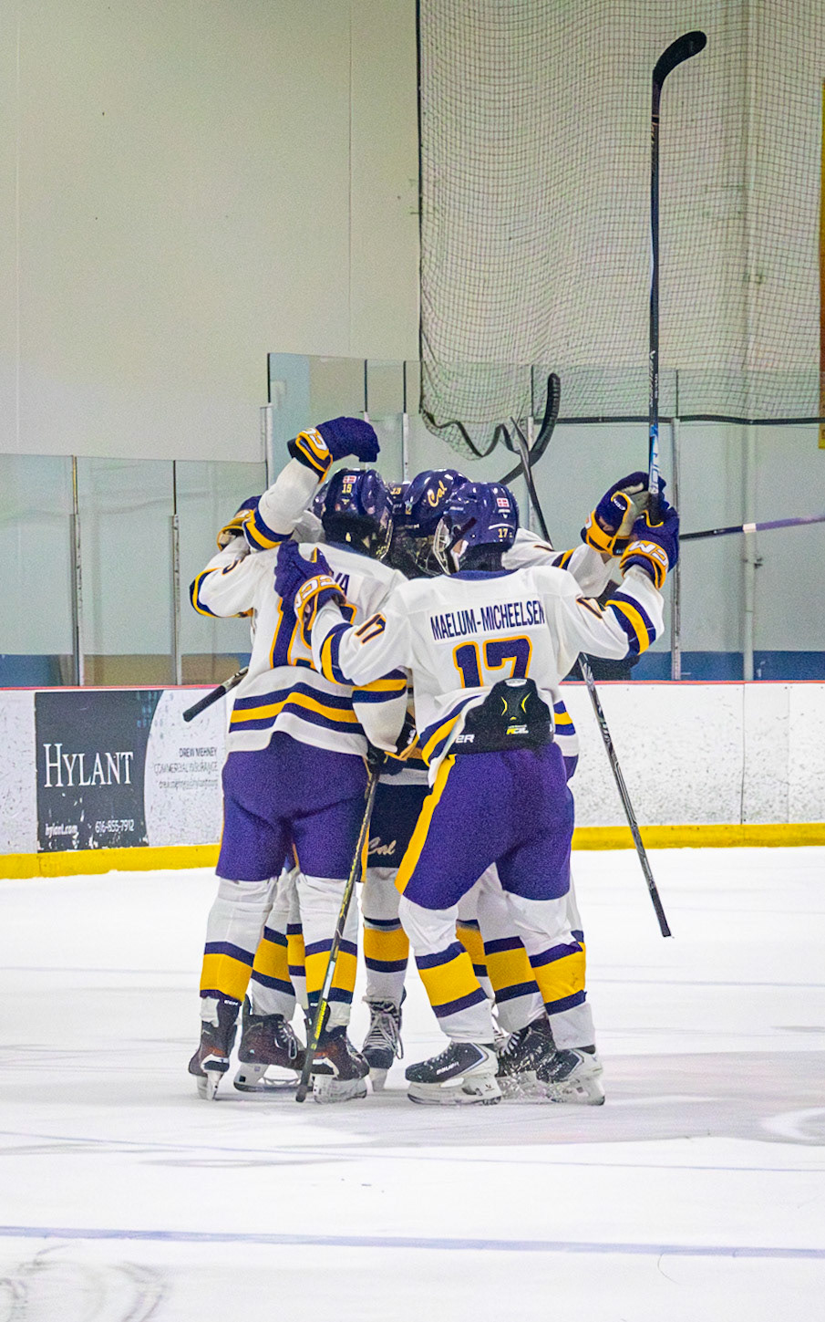 After Thornapple Kellogg’s Harmon Esch scores the second goal of the game with an assist from Ethan Sova, the line huddles at center ice to celebrate. (Photo by Avarey Lippert)