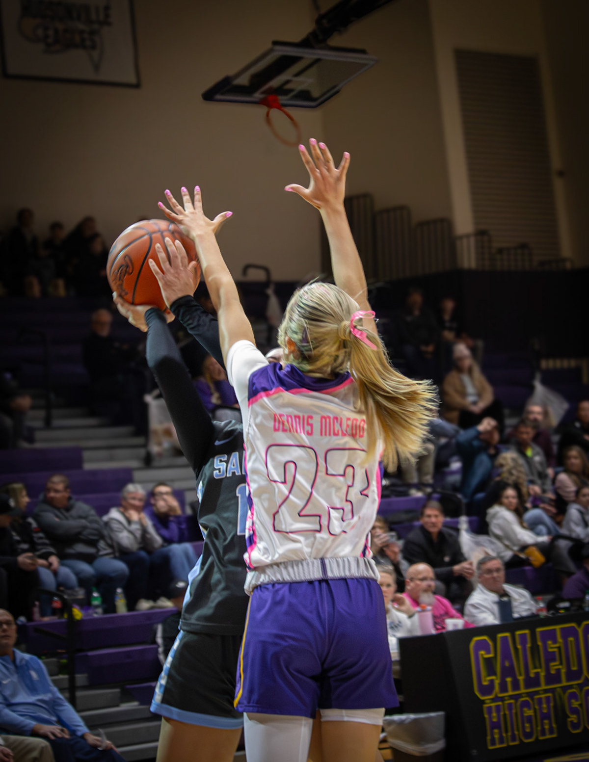 Sophomore Brooklyn Mcleod blocks a shot.  (Photo by Maggie Loomis)