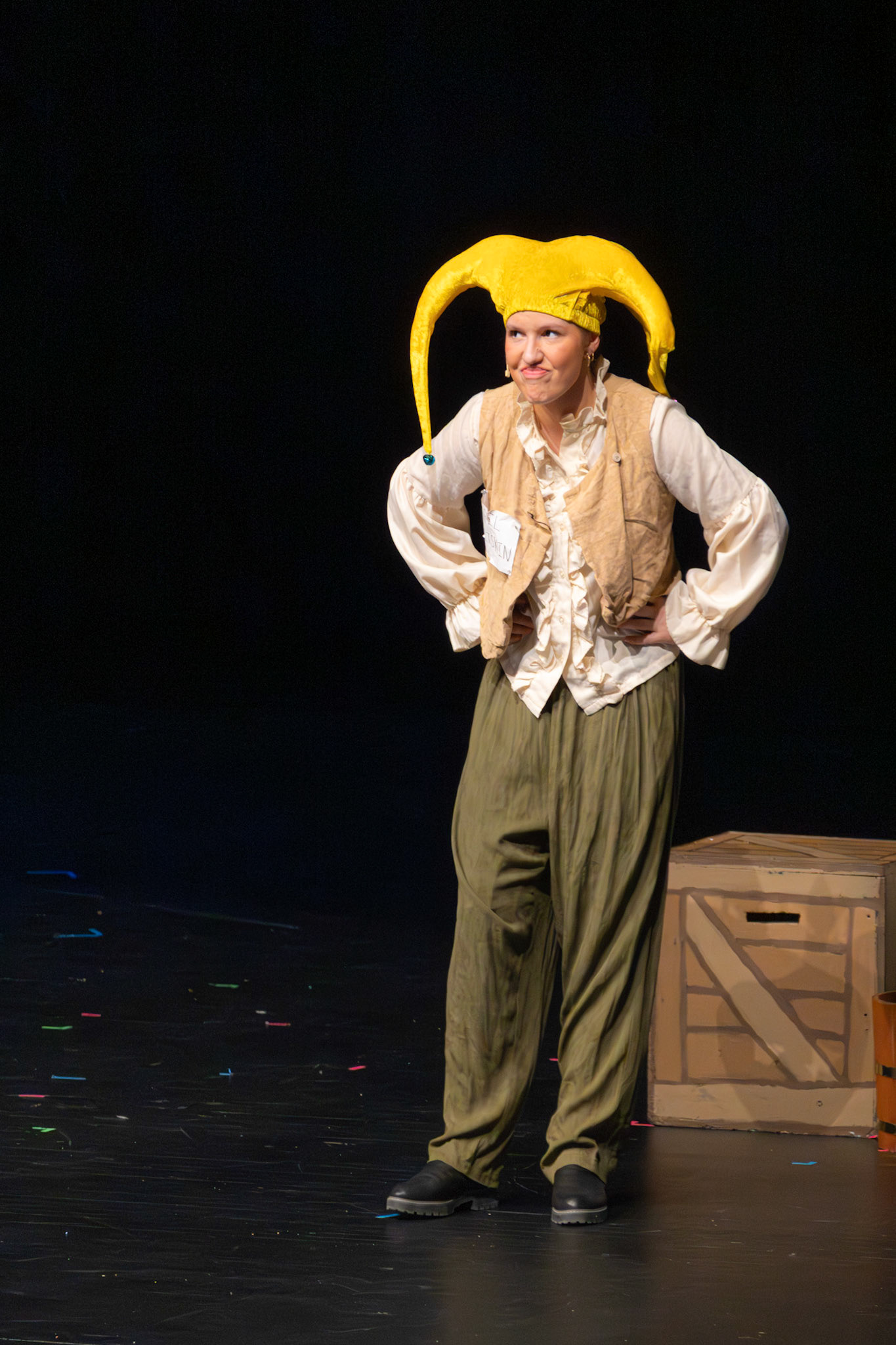 Sophmore Stella Barnwell brings Rumpelstiltskin to life with plenty of attitude and a playful grin during the school’s theater performance. (Photo by Ollie Fox)