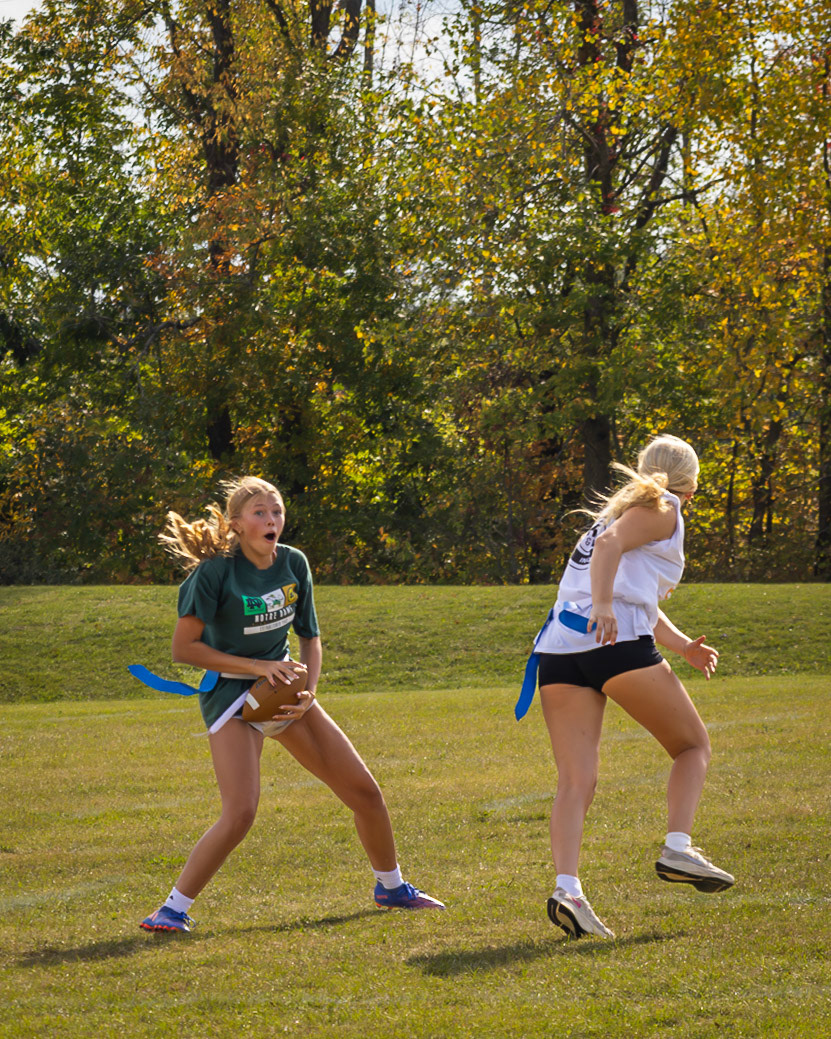 THE CATCH! Senior Paityn John was amazed after catching the ball right on Jo’s head. (Photo by Jaren King)