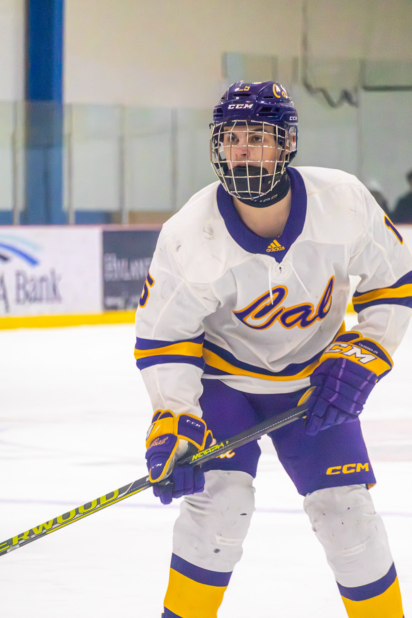 Junior Ethan Sova keeps his eyes on the ice, waiting for the puck to come his way. (Photo by Avarey Lippert)