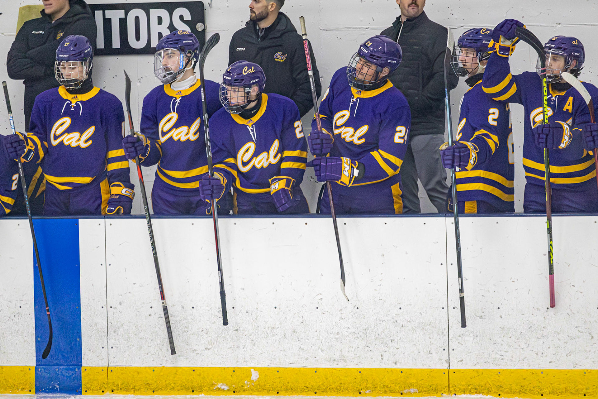 Caledonia Hockey team cheers for the players on the ice during a face-off. (Photo by Ollie Fox)