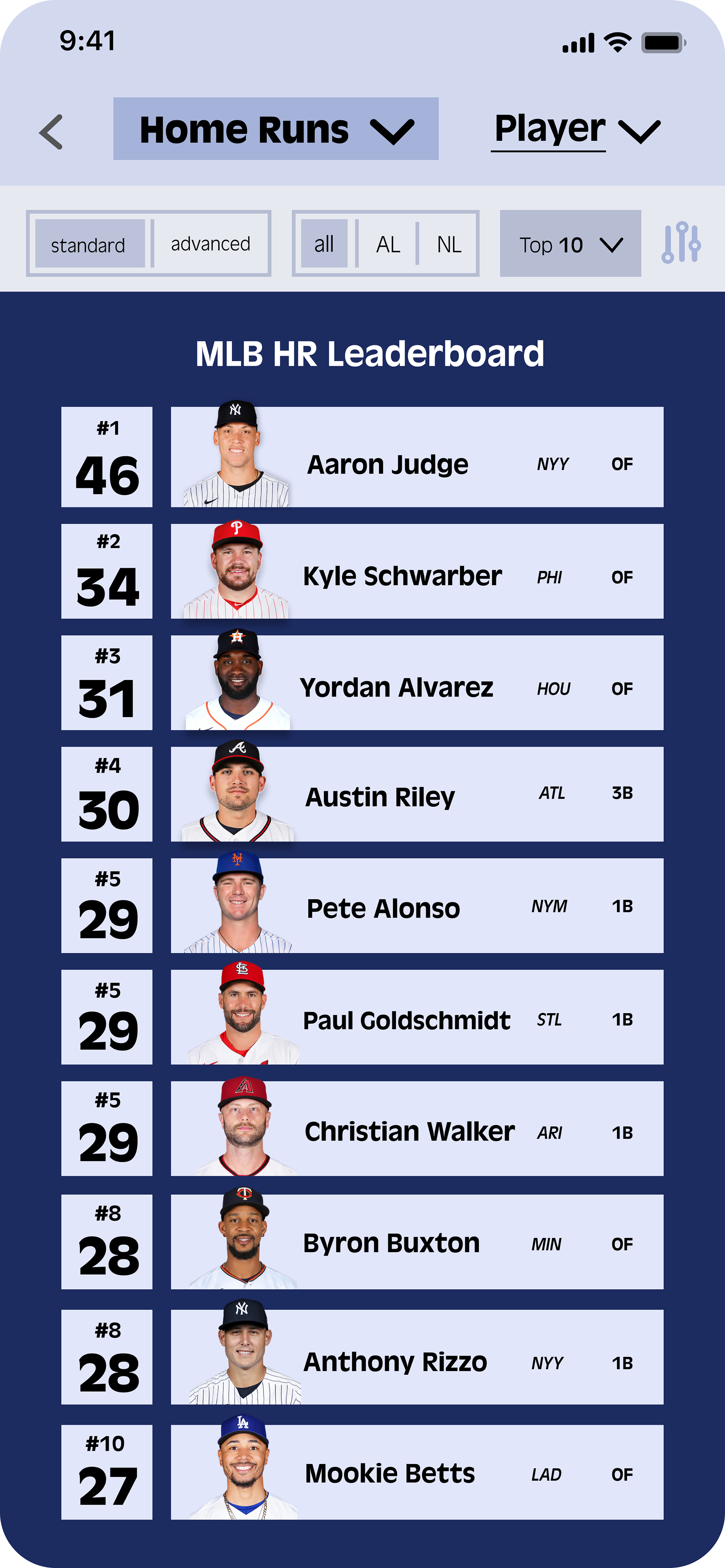 Home Run Leaderboard for sports app