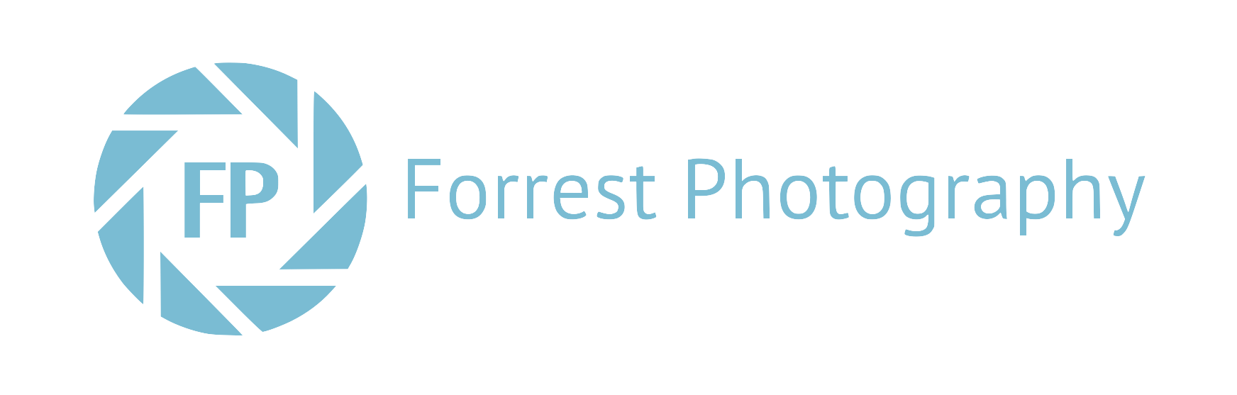 Forrest Photography logo, with circular aperture ring logo with FP initials contained within