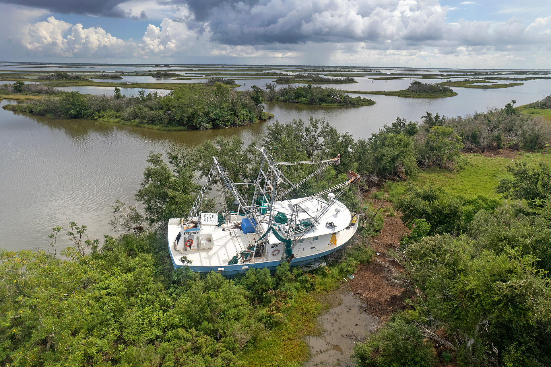 Fishing boat stranded by Hurricane Ida