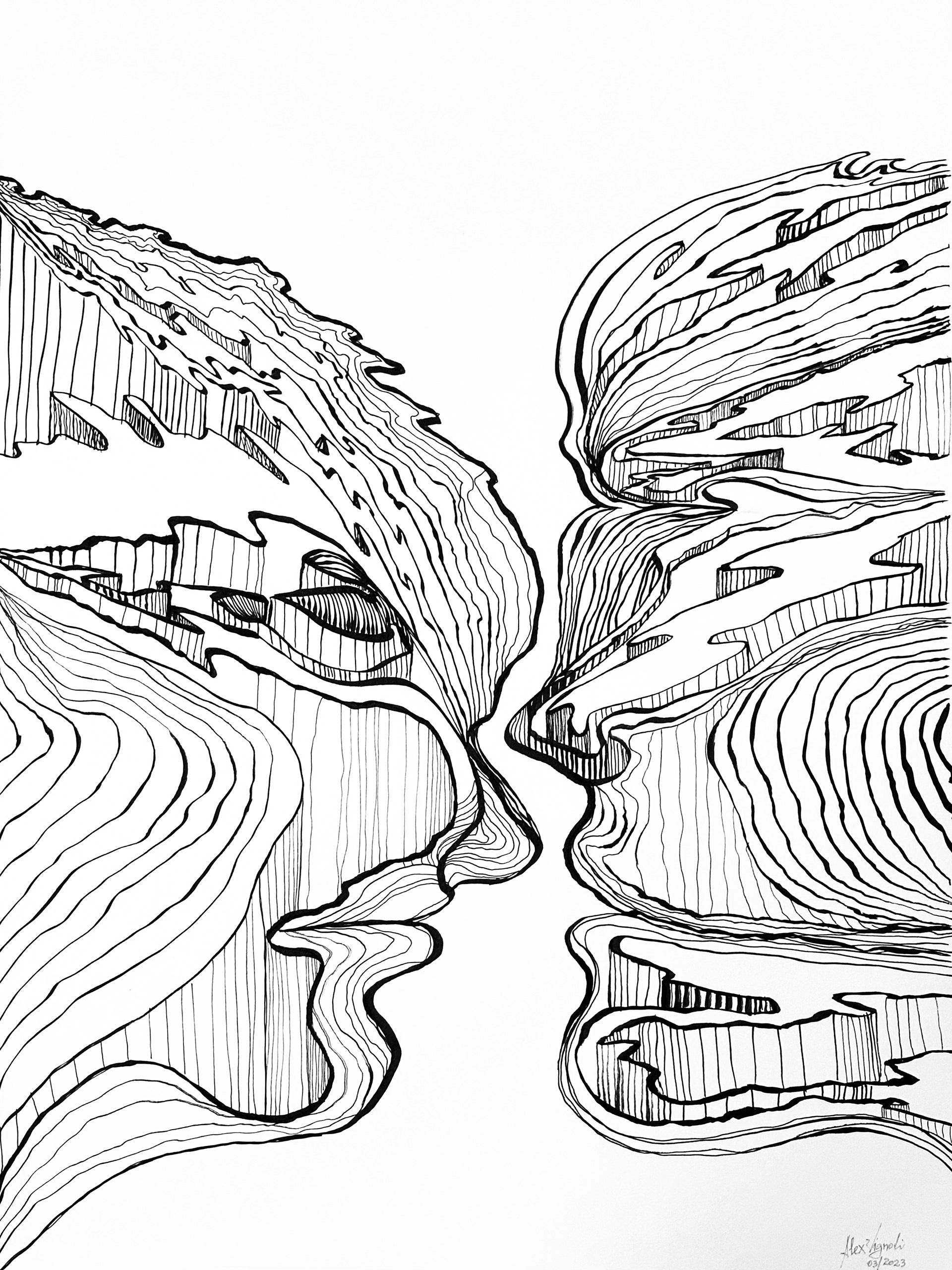 Face to Face, 2023, ink on watercolor paper, 24x18 inches