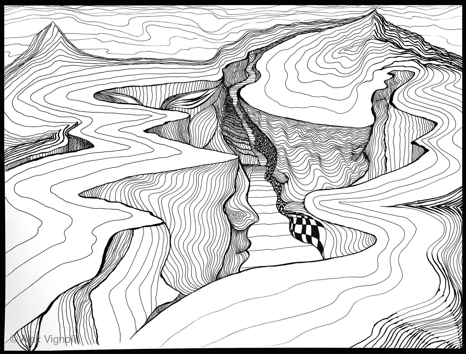 Face the Valley, 2023, ink on watercolor paper, 18x24 inches